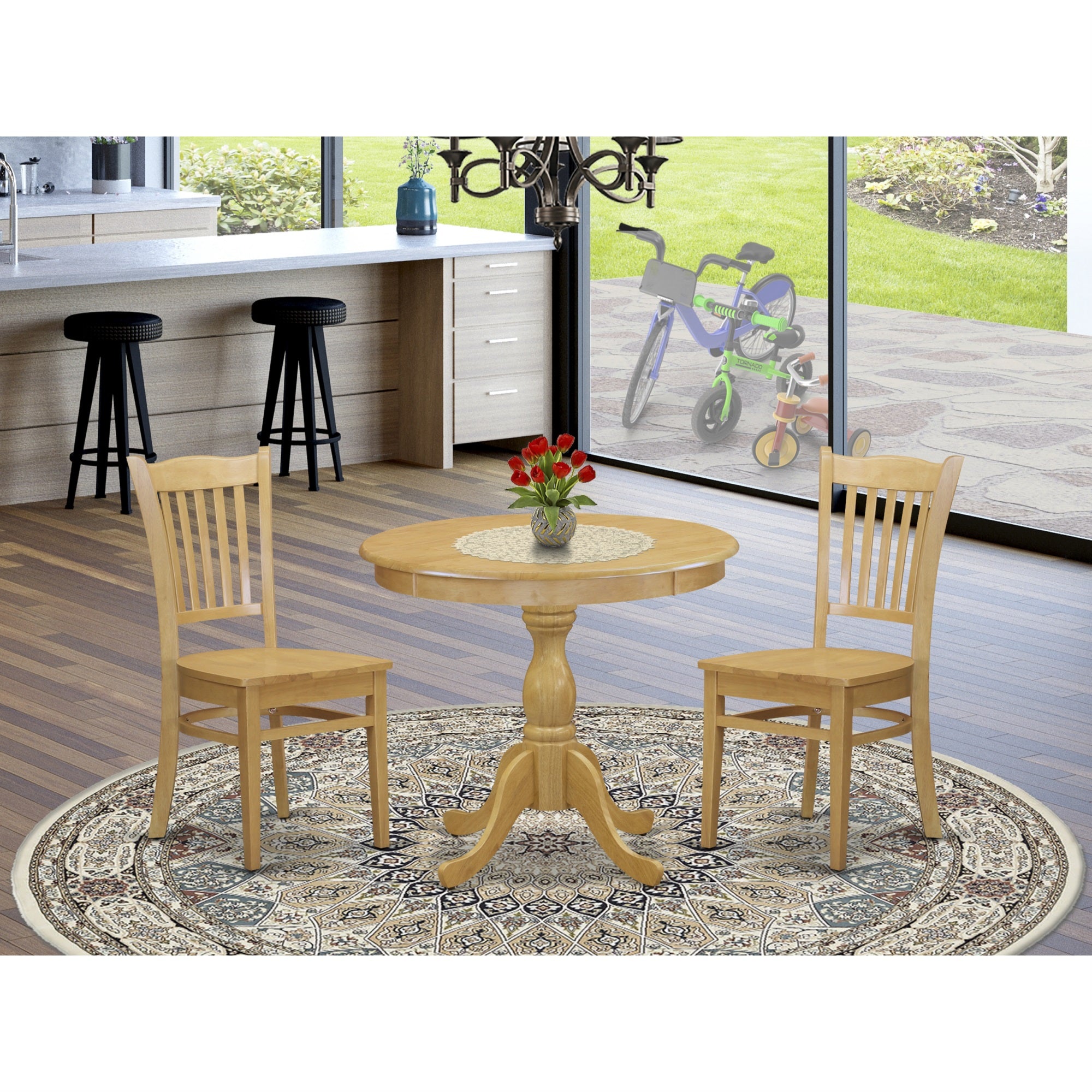 East West Furniture Amgr3-Oak-W 3 Piece Dining Table Set Includes 1 Round Pedestal Dining Table And 2 Oak Dining Room Chairs With Slatted Back - Oak Finish