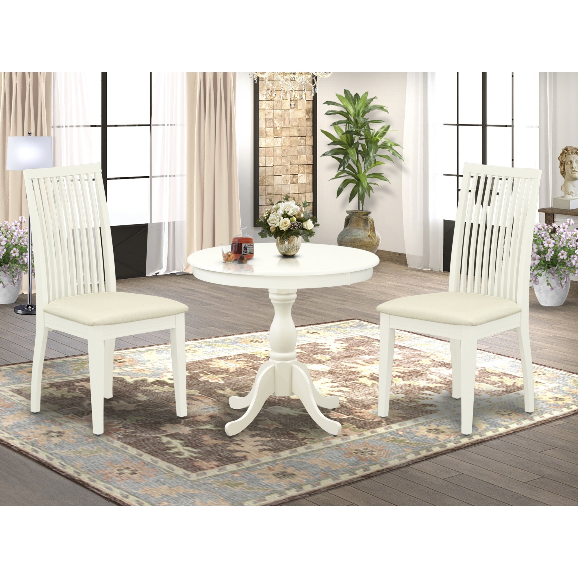 East West Furniture Amip3-Lwh-C 3 Piece Dining Room Table Set Includes 1 Dinner Table And 2 Linen White Kitchen Chairs With Slatted Back - Linen White Finish