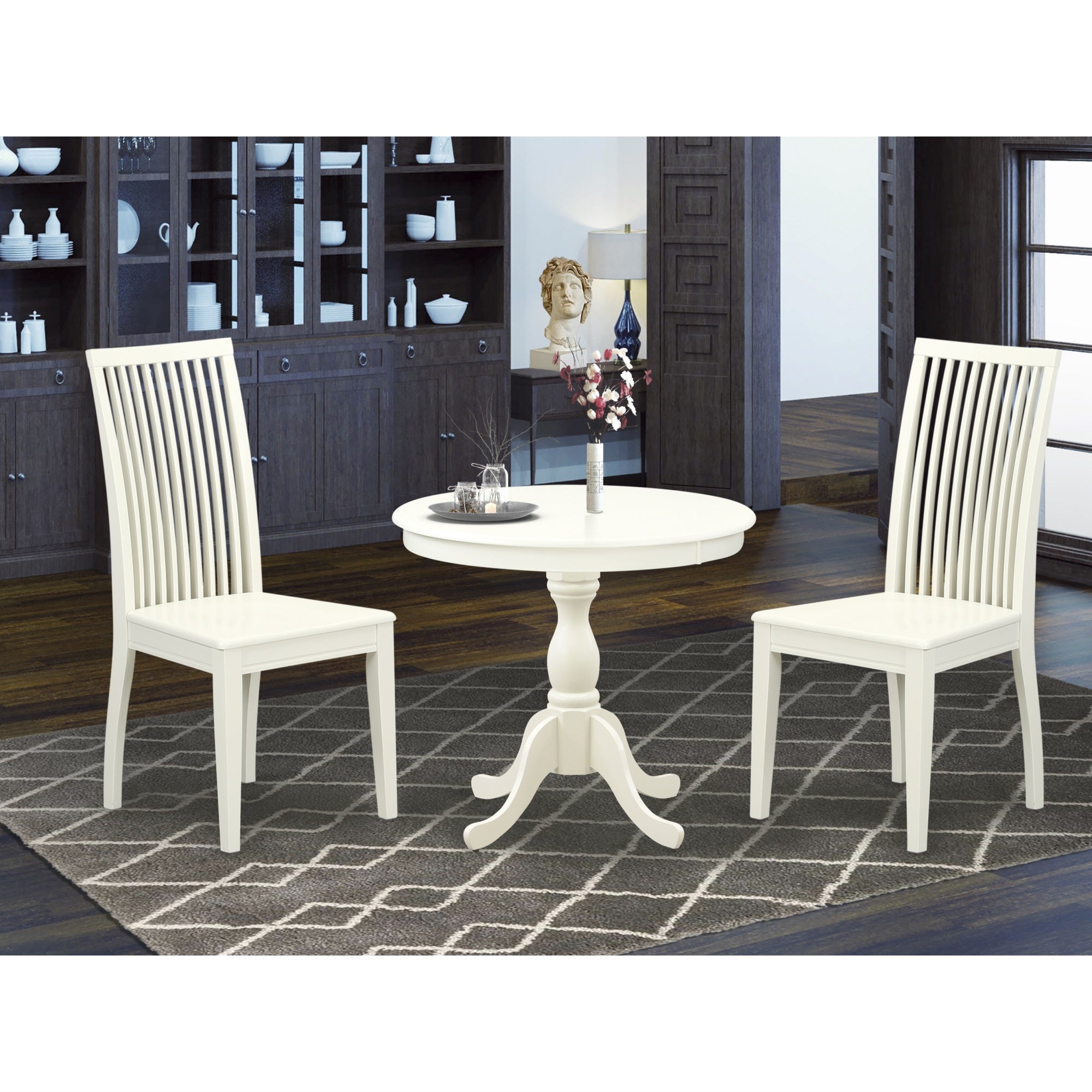 East West Furniture Amip3-Lwh-W 3 Piece Dining Room Set Includes 1 Wood Table And 2 Linen White Wood Dining Chairs With Slatted Back - Linen White Finish