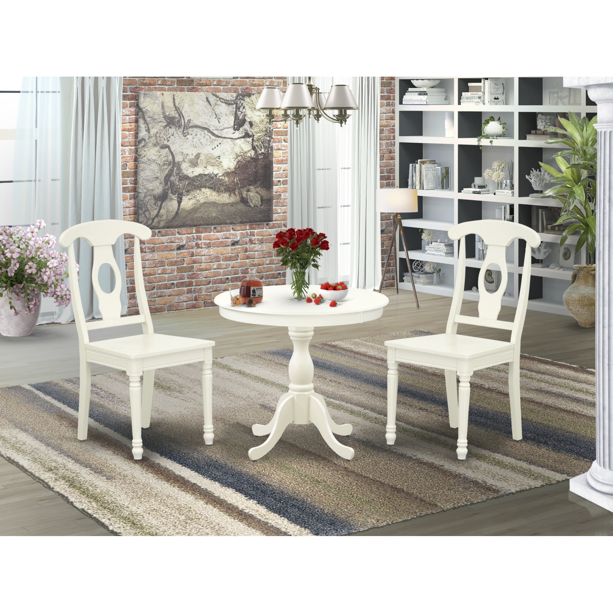 East West Furniture Amke3-Lwh-W 3 Piece Dining Set Contains 1 Pedestal Table And 2 Linen White Wooden Kitchen Chairs With Napoleon Back - Linen White Finish