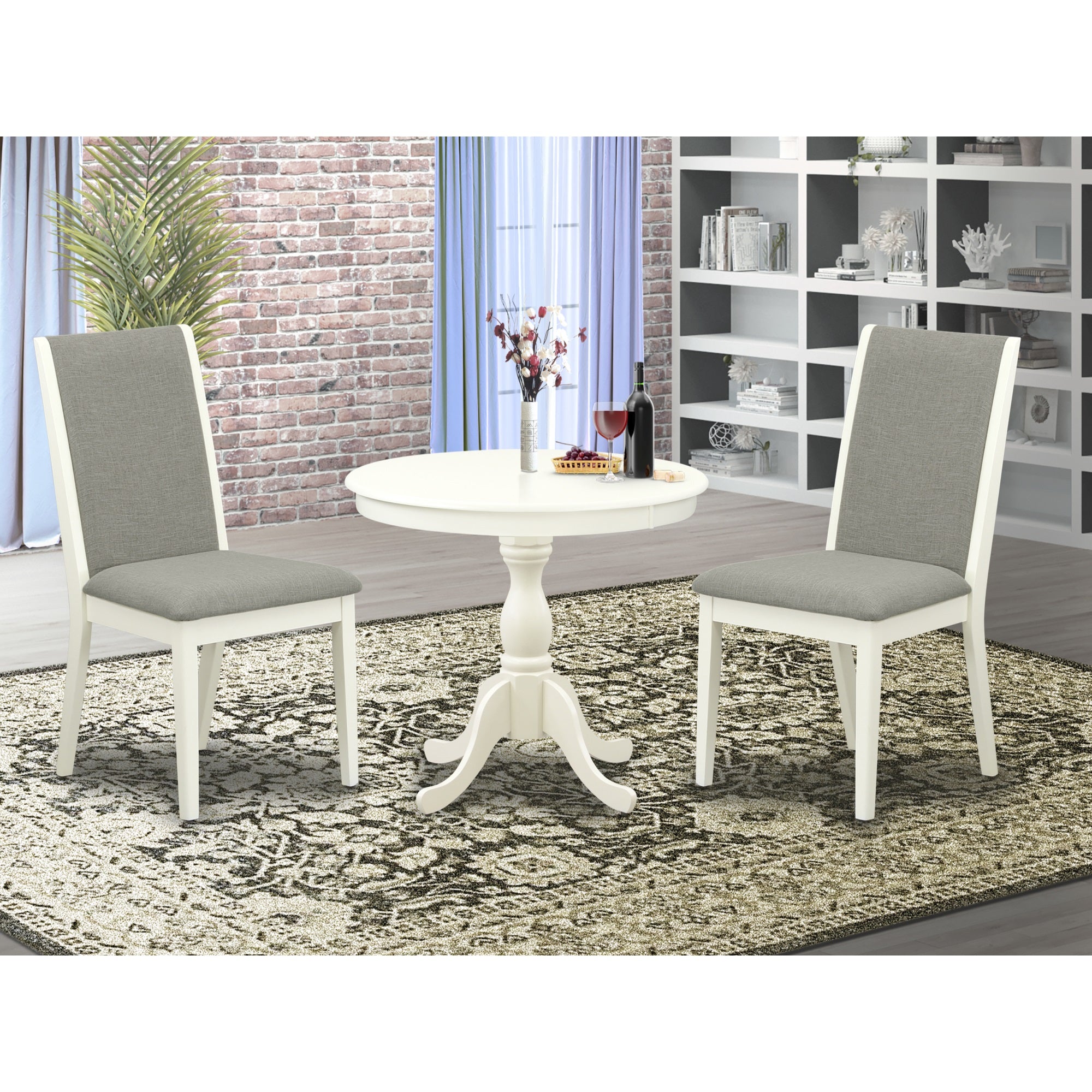 East West Furniture Amla3-Lwh-06 3 Piece Dining Room Table Set Consists Of 1 Wooden Dining Table And 2 Shitake Linen Fabric Kitchen Chairs With High Back - Linen White Finish