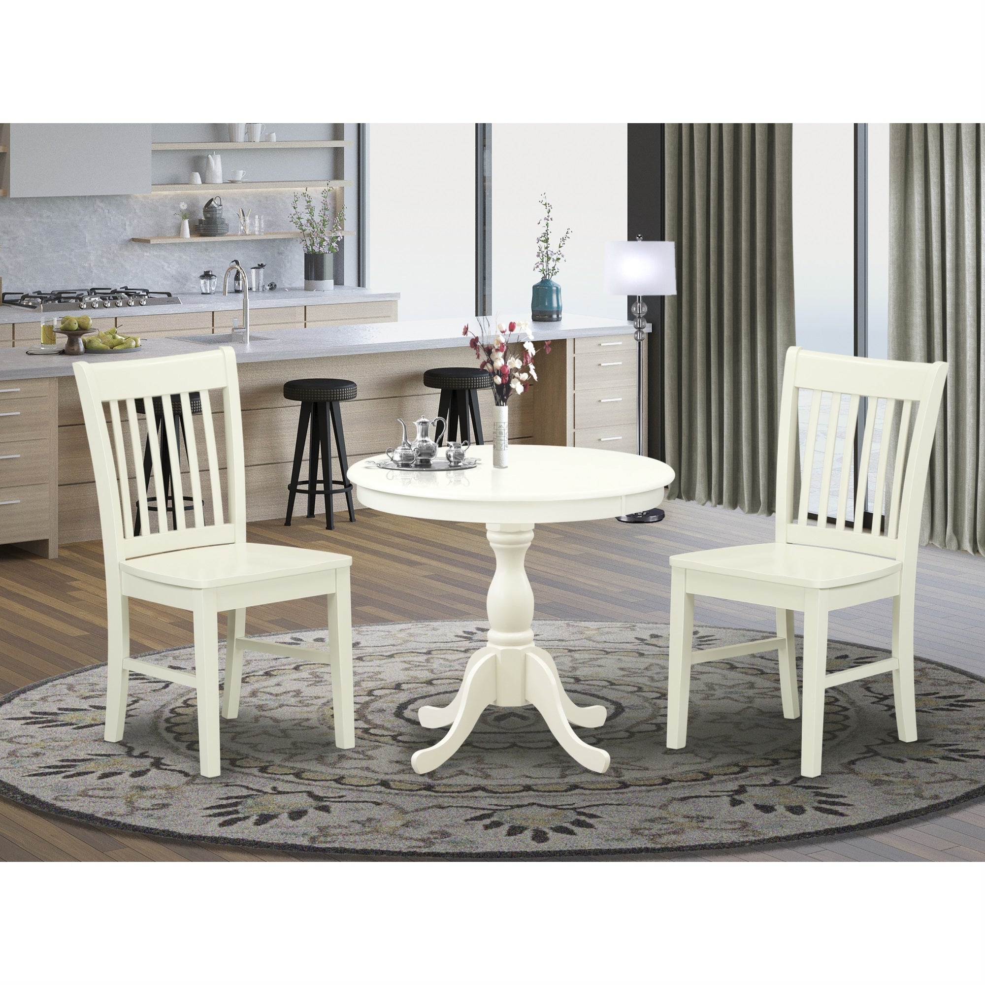 East West Furniture Amnf3-Lwh-W 3 Piece Dining Room Table Set Includes 1 Wood Dining Table And 2 Linen White Kitchen Chairs With Slatted Back - Linen White Finish