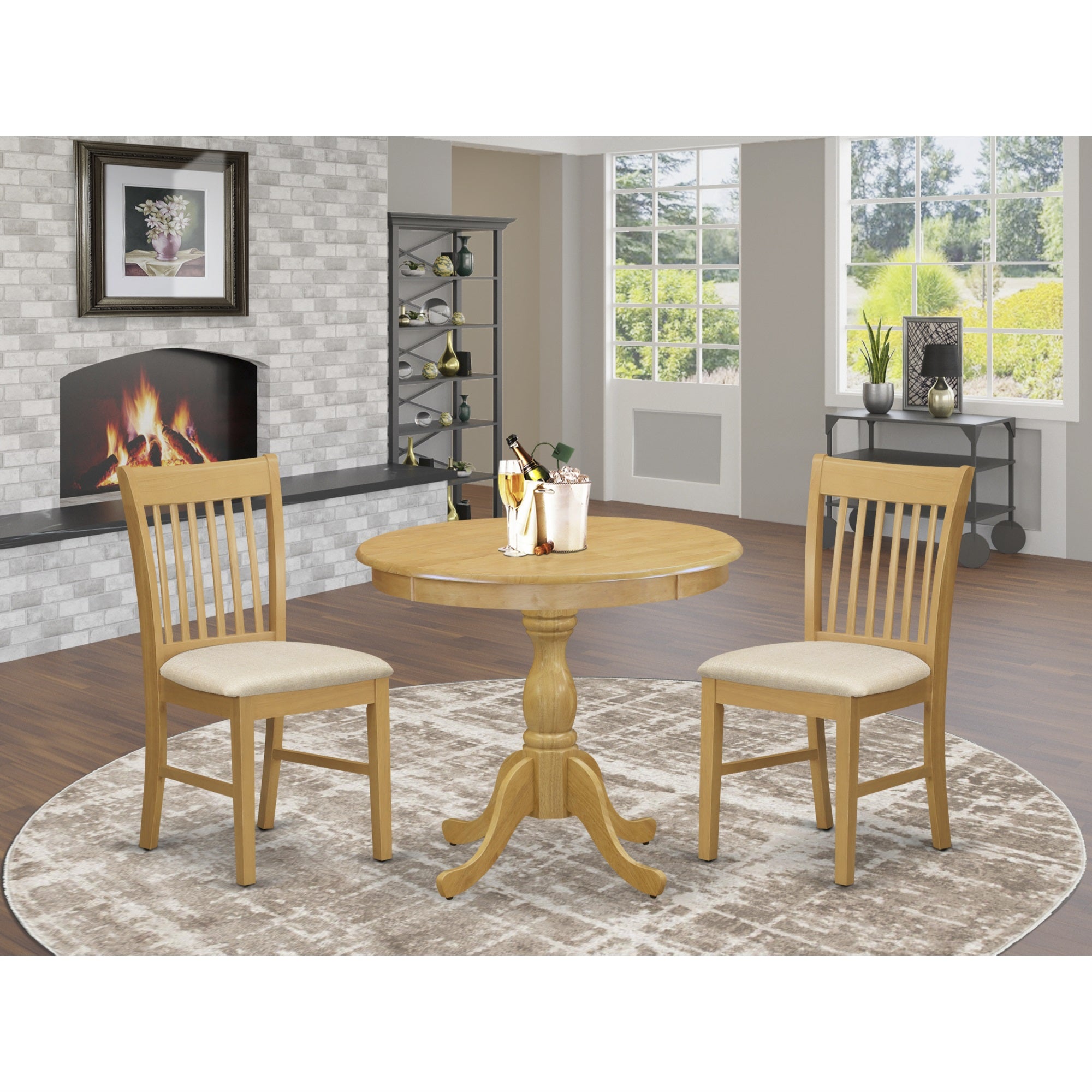 East West Furniture Amnf3-Oak-C 3 Piece Dining Room Set Consists Of 1 Wooden Dining Table And 2 Oak Linen Fabric Dining Room Chairs With Slatted Back - Oak Finish