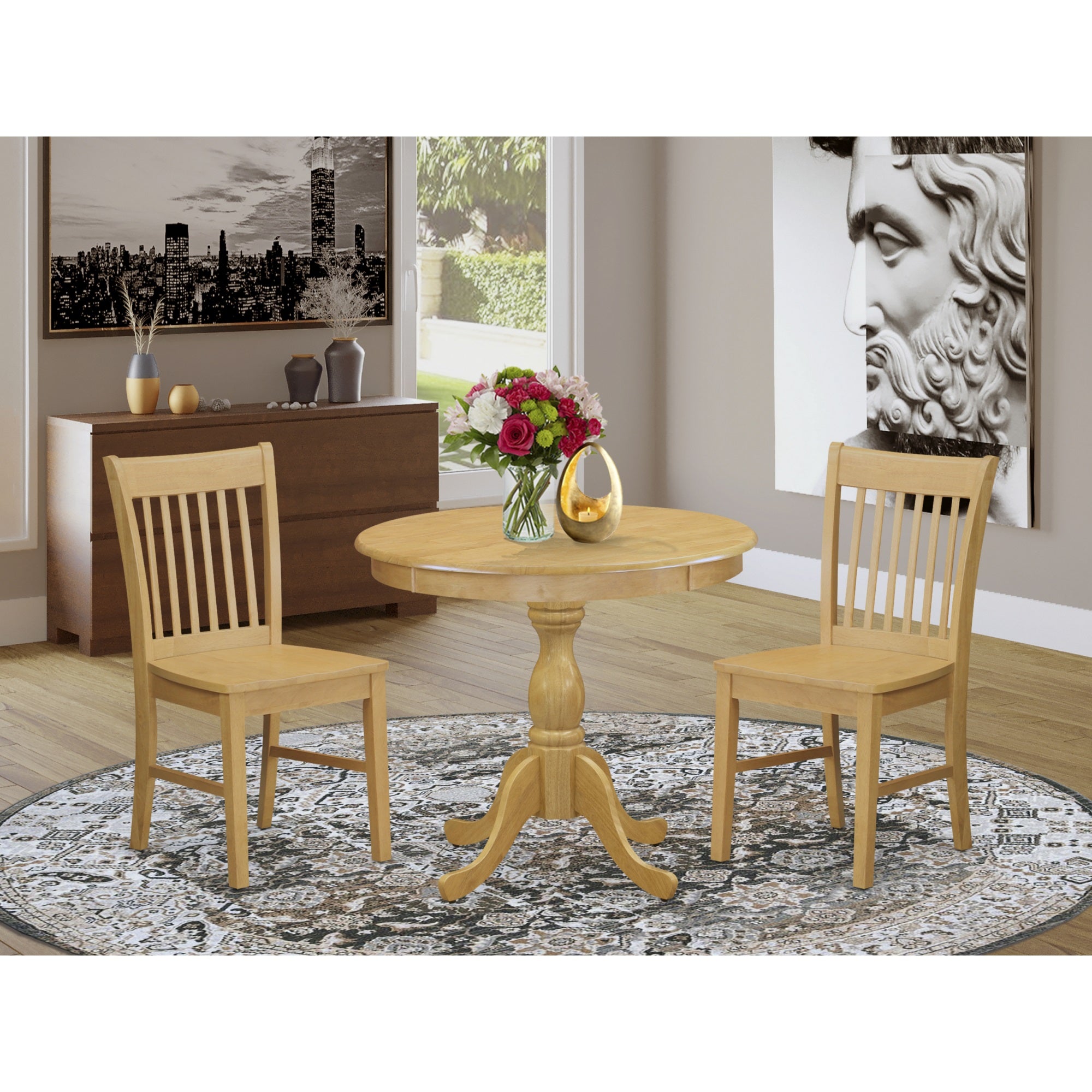 East West Furniture Amnf3-Oak-W 3 Piece Dining Room Table Set Includes 1 Modern Dining Room Table And 2 Oak Dining Room Chairs With Slatted Back - Oak Finish