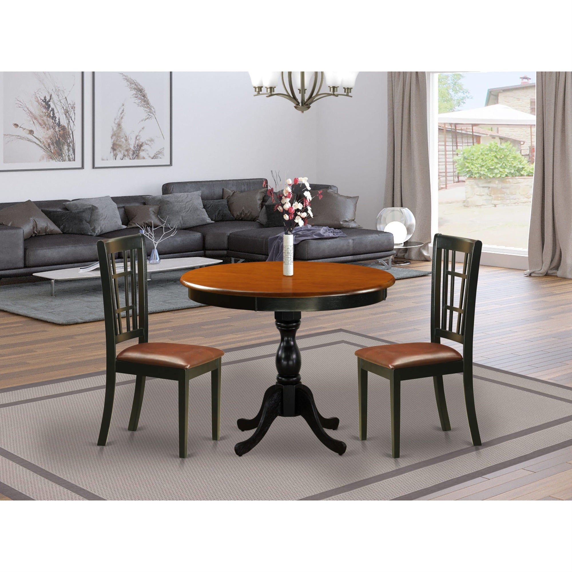 East West Furniture AMNI3-BCH-LC3-Piece Dinner Table Set Contains a Dining Table and 2 Faux Leather Kitchen Chairs with Slatted Back- Black Finish
