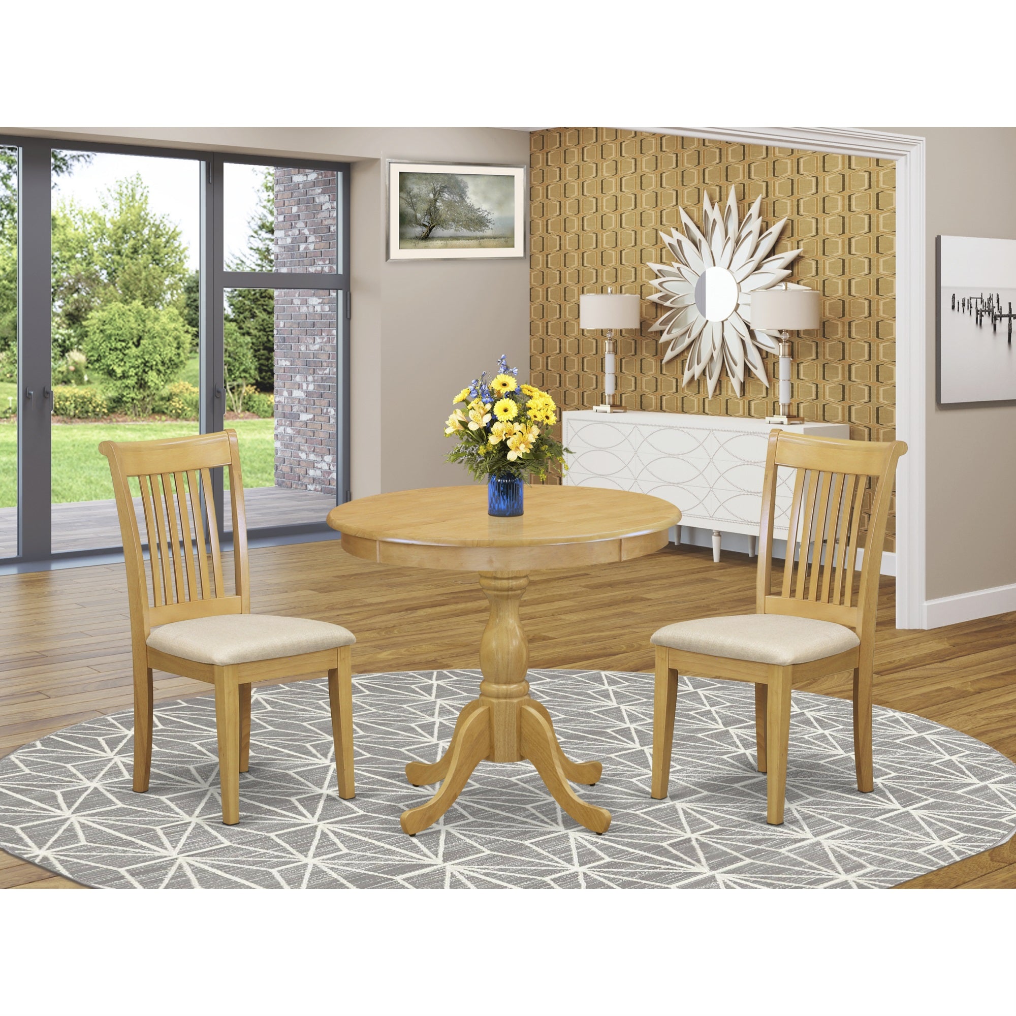 East West Furniture Ampo3-Oak-C 3 Piece Dining Set Consists Of 1 Modern Dining Table And 2 Oak Linen Fabric Dining Room Chair With Slatted Back - Oak Finish