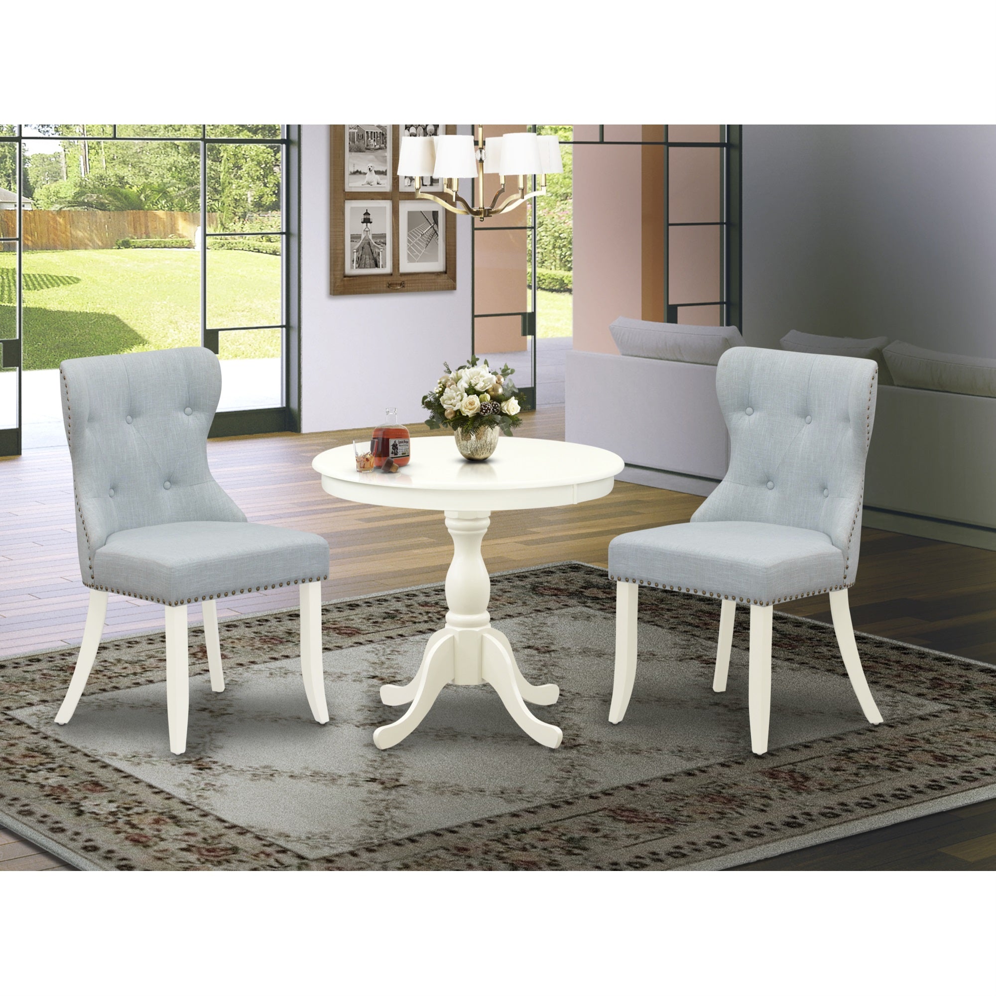 East West Furniture Amsi3-Lwh-15 3 Piece Dining Table Set Consists Of 1 Pedestal Table And 2 Baby Blue Linen Fabric Dining Chairs Button Tufted Back With Nail Heads - Linen White Finish