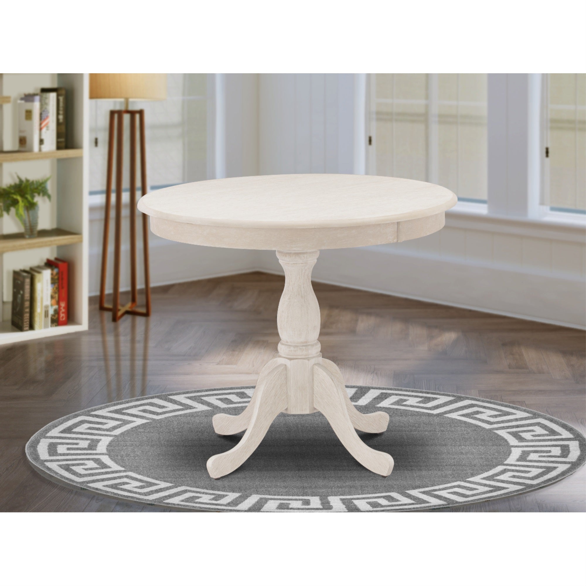 East West Furniture Round Table Butter Cream Color Table Top Surface And Asian Wood Dining Table Pedestal Legs -Butter Cream Finish
