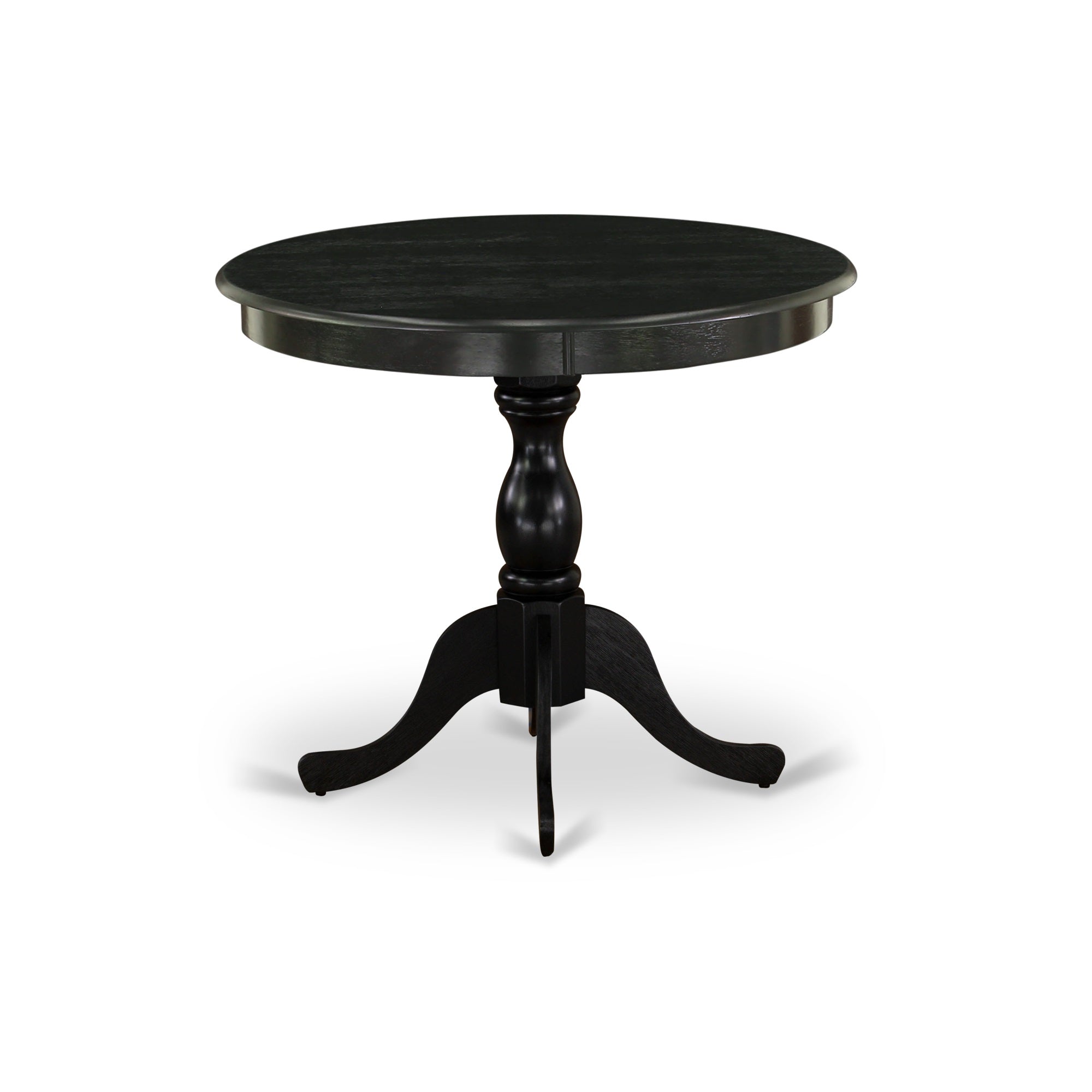 East West Furniture Round Small Dining Table Wire Brushed Black Color Table Top Surface And Asian Wood Small Table Pedestal Legs -Black Finish