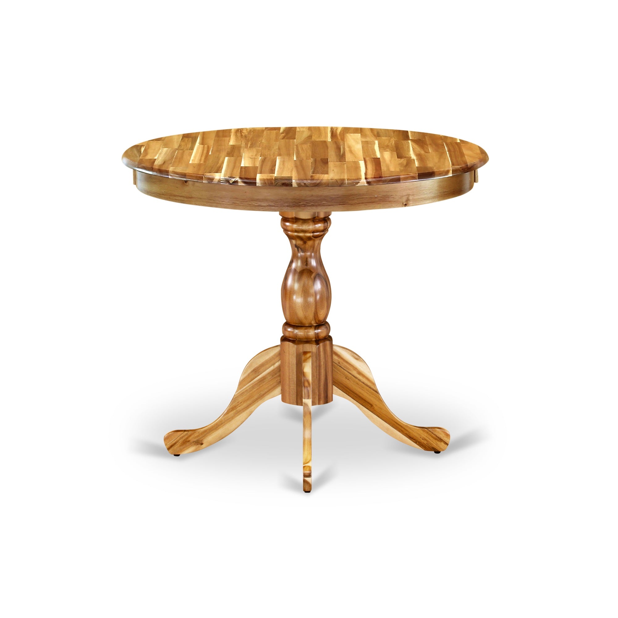 East West Furniture Round Dining Table Natural Acacia Color Table Top Surface And Asian Wood Round Table Pedestal Legs -Natural Acacia Finish