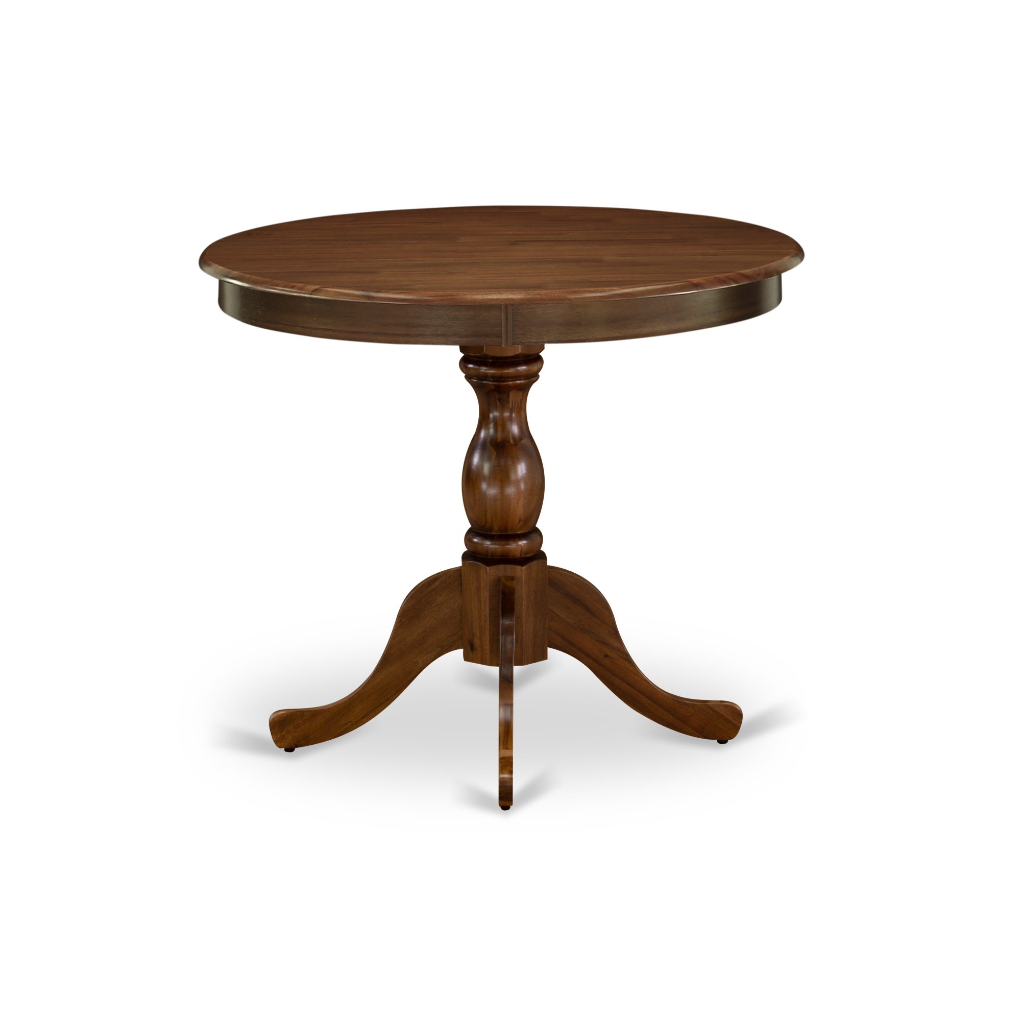 East West Furniture Round Wood Table Walnut Color Table Top Surface And Asian Wood Modern Dining Table Pedestal Legs -Walnut Finish