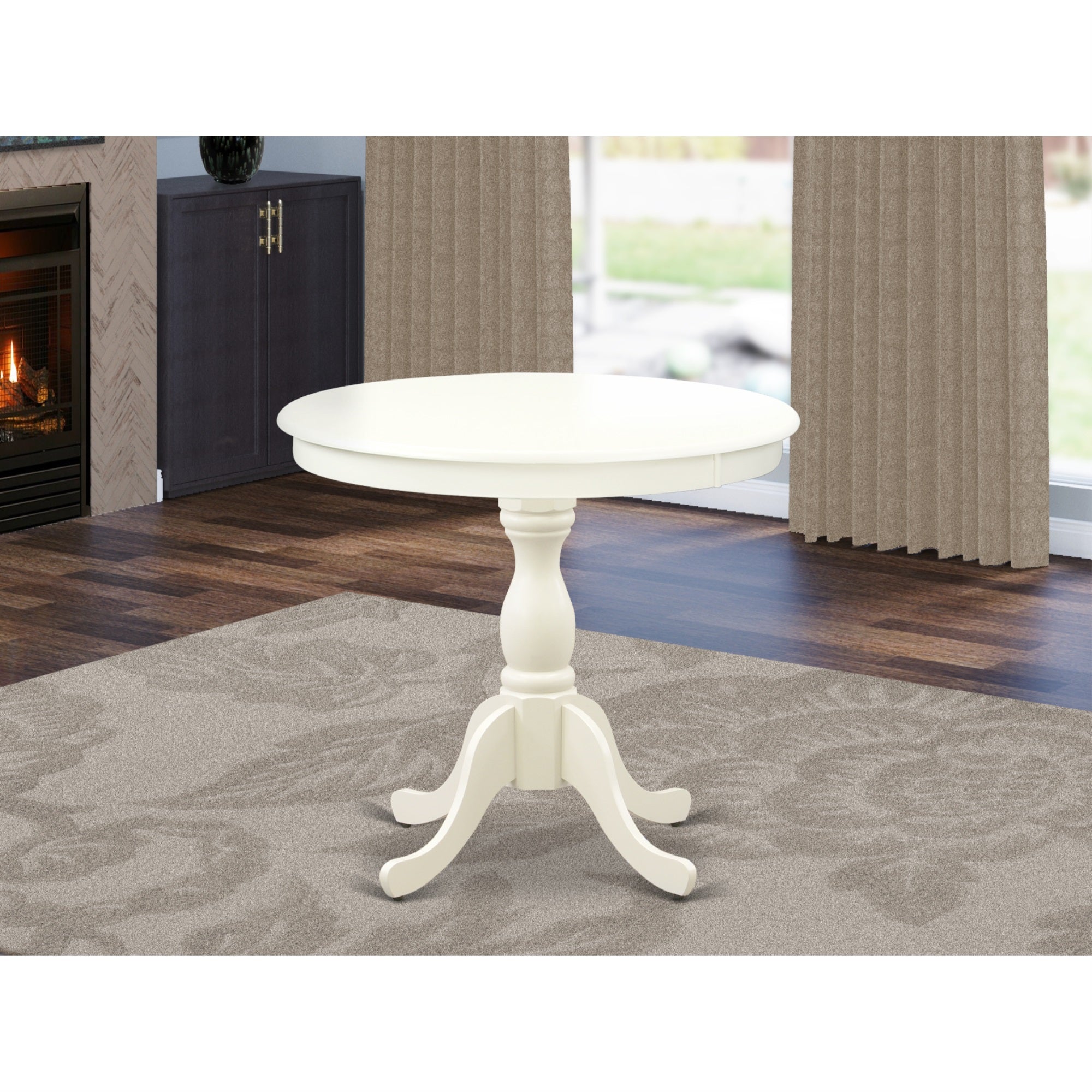 East West Furniture Round Modern Dining Table Linen White Color Table Top Surface And Asian Wood Round Dining Table Pedestal Legs -Linen White Finish