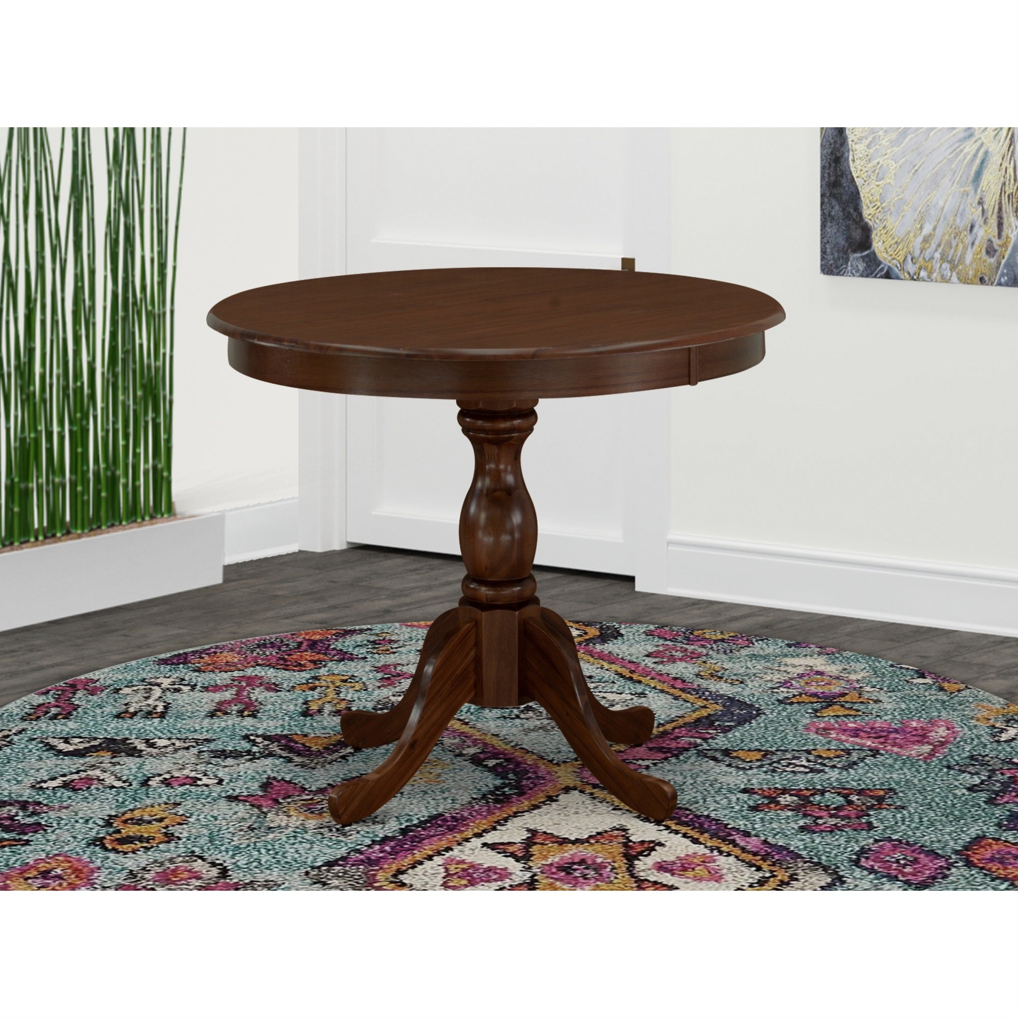 East West Furniture Round Wood Table Mahogany Color Table Top Surface And Asian Wood Round Dining Table Pedestal Legs -Mahogany Finish