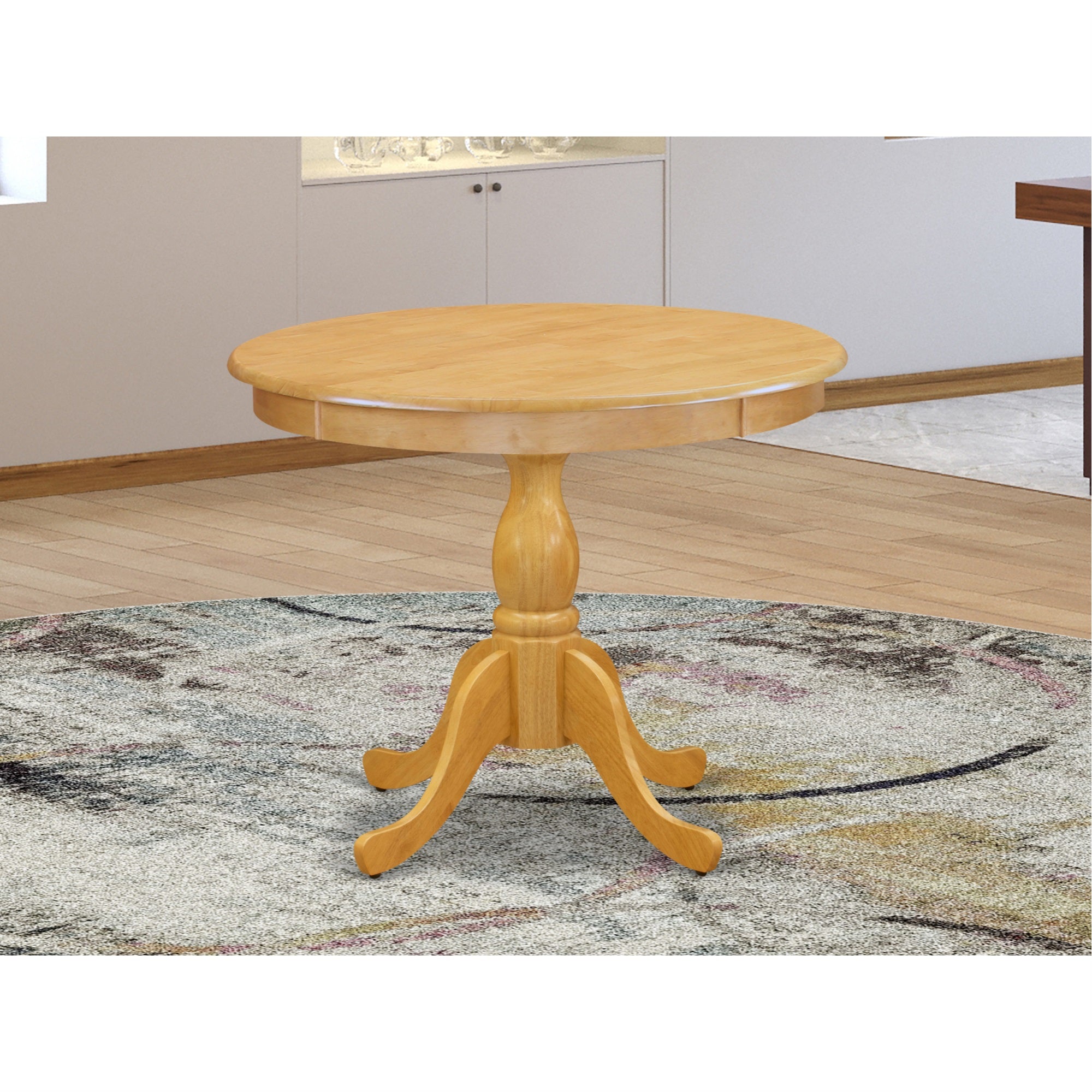 East West Furniture Round Wood Table Oak Color Table Top Surface And Asian Wood Table Pedestal Legs -Oak Finish