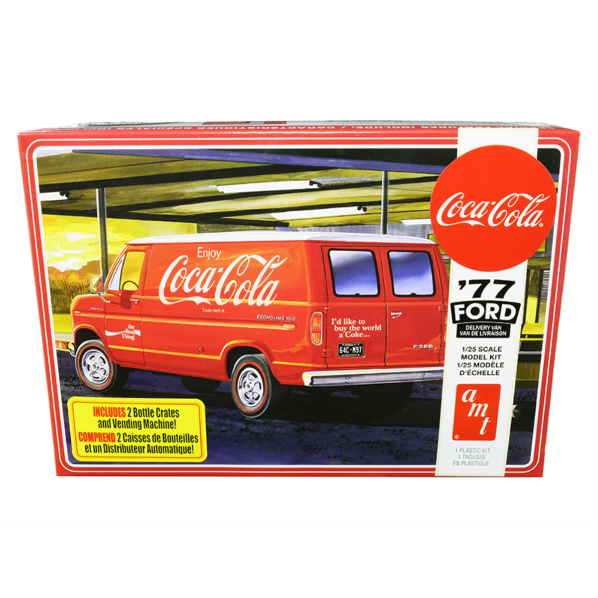 Skill 3 Model Kit 1977 Ford Delivery Van With 2 Bottles Crates And Vending Machine 'Coca-Cola' 1/25 Scale Model By Amt