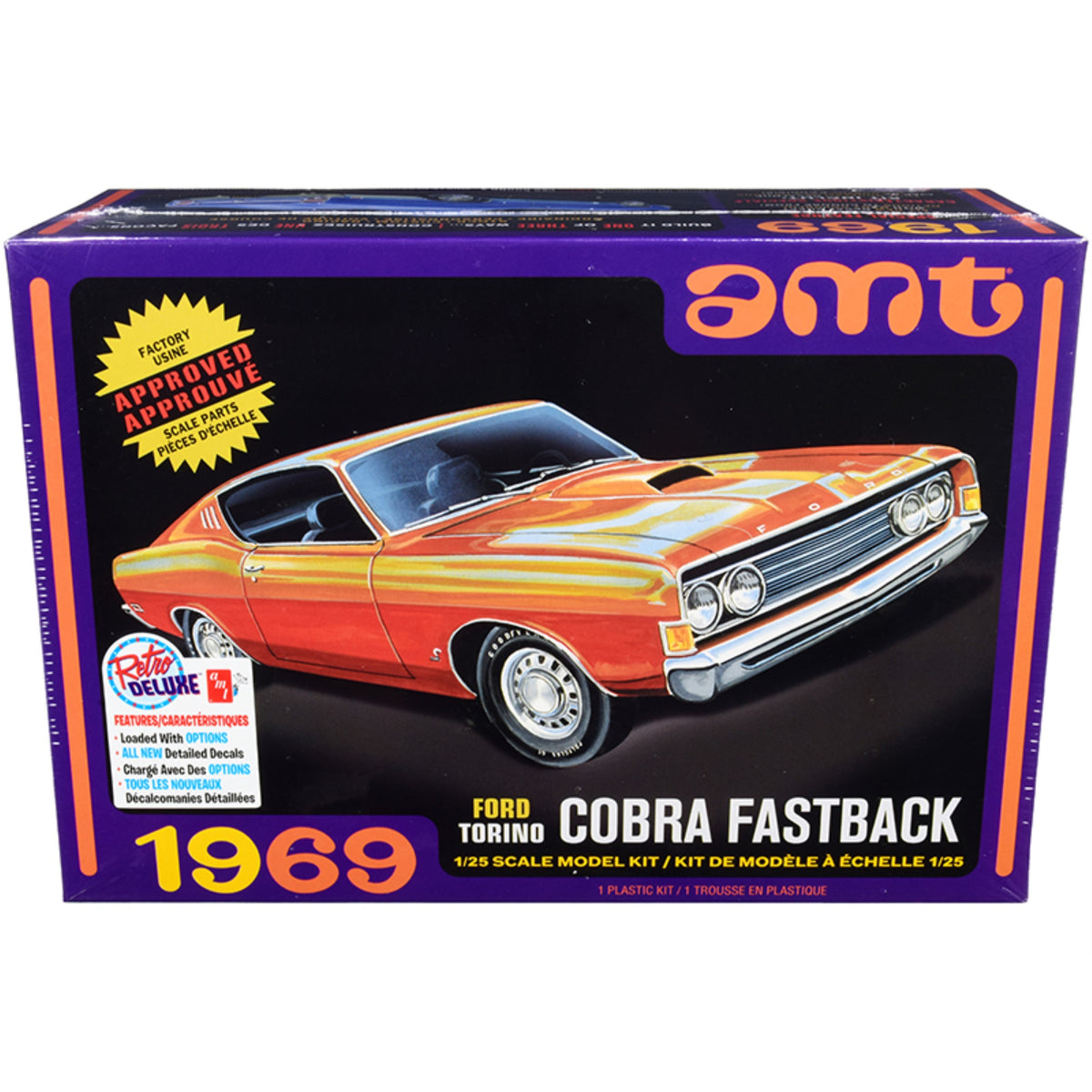 Skill 2 Model Kit 1969 Ford Torino Cobra Fastback 3-In-1 Kit 1/25 Scale Model By Amt