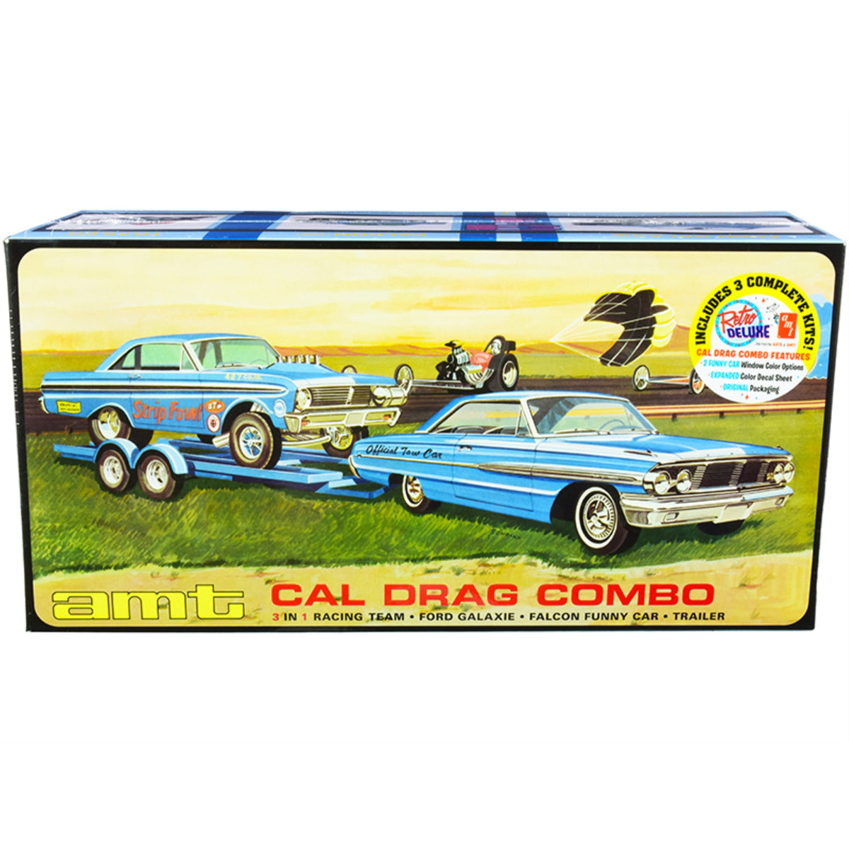 Skill 2 Model Kit 'Ford Cal Drag Team' Ford Galaxie With Ford Falcon Funny Car And Trailer Set Of 3 Complete Kits 1/25 Scale Models By Amt