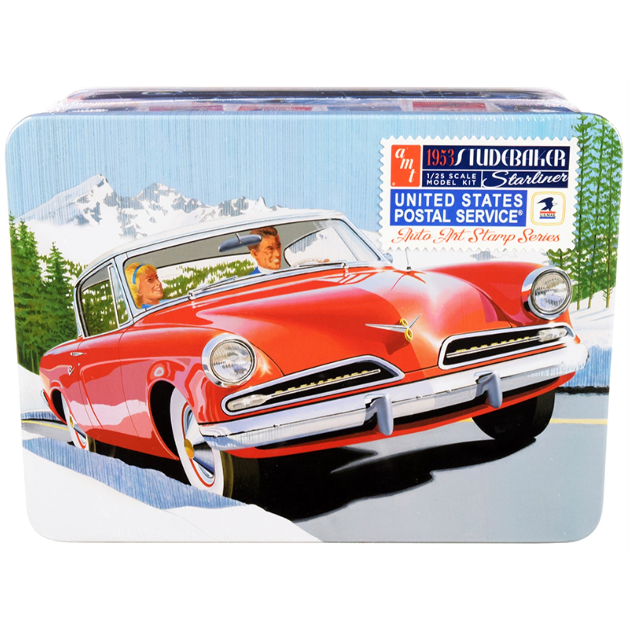 Skill 2 Model Kit 1953 Studebaker Starliner With 'Usps' (United States Postal Service) Themed Collectible Tin Box 3-In-1 Kit 1/25 Scale Model By Amt