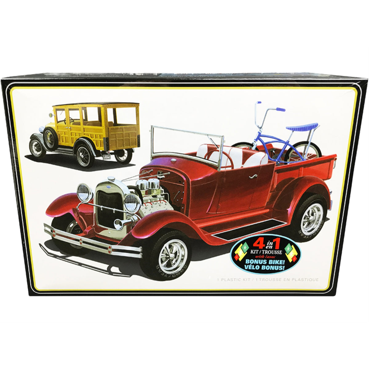 Skill 2 Model Kit 1929 Ford Woody Pickup 4-In-1 Kit With Bike 1/25 Scale Model By Amt
