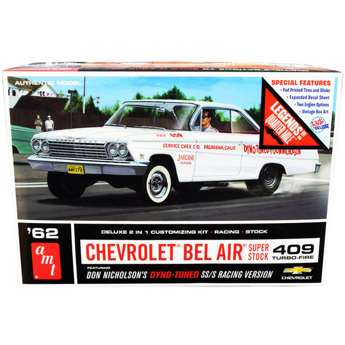 Skill 2 Model Kit 1962 Chevrolet Bel Air Super Stock 409 Turbo-Fire Don Nicholson'S 2-In-1 Kit 'Legends Of The Quarter Mile' 1/25 Scale Model By Amt