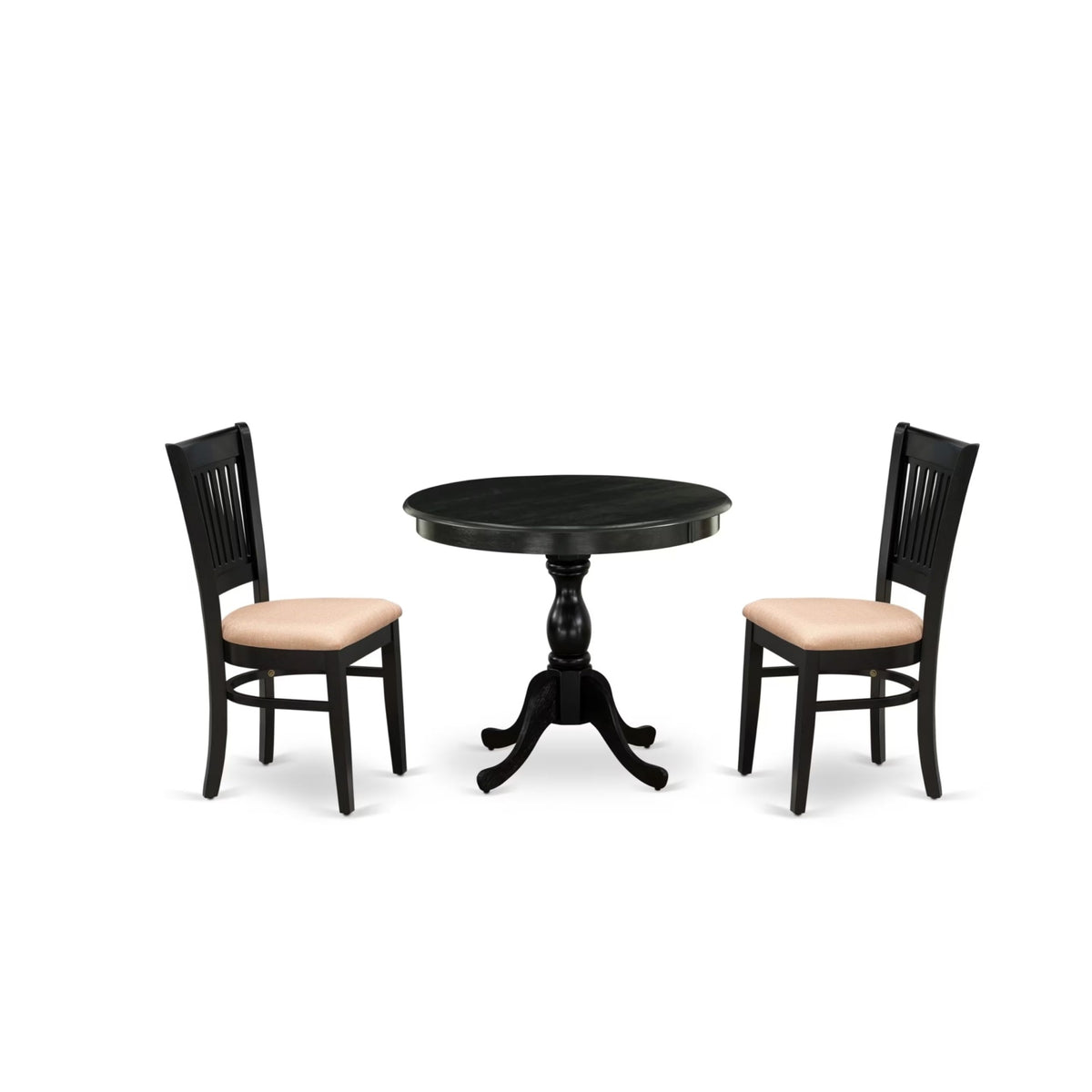 Casafoyer Amva3-Blk-C 3 Piece Dining Room Furniture Set Contains A Round Dining Table With Pedestal And 2 Linen Fabric Upholstered Chairs, 36X36 Inch, Black