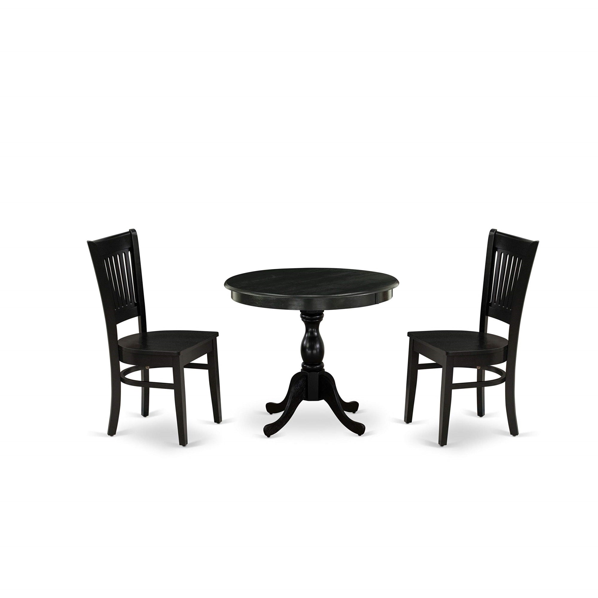 East West Furniture Amva3-Blk-W Antique 3 Piece Set For Small Spaces Contains A Round Kitchen Table With Pedestal And 2 Dining Chairs, 36X36 Inch