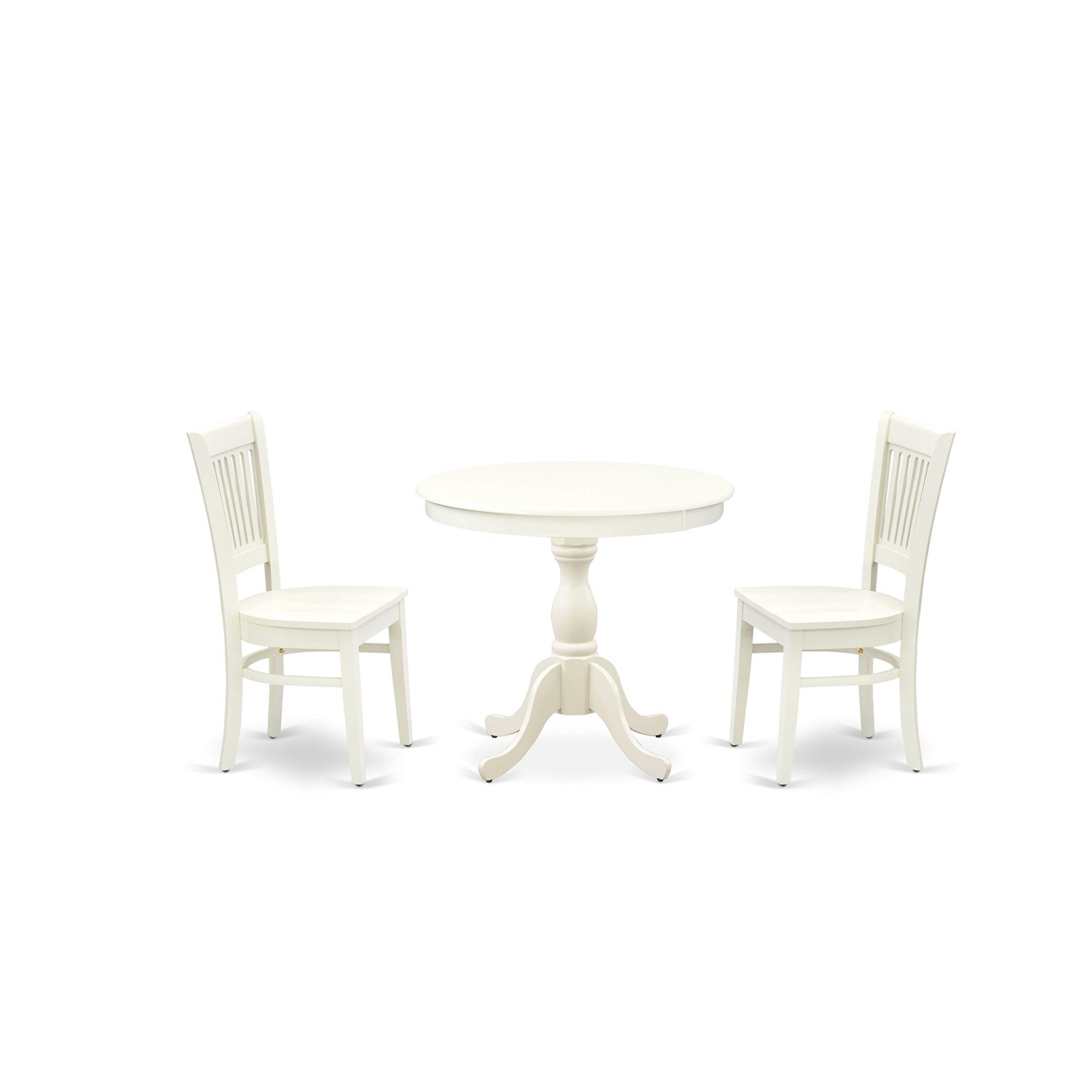 East West Furniture Amva3-Lwh-W Antique 3 Piece Kitchen Set For Small Spaces Contains A Round Room Table With Pedestal And 2 Dining Chairs, 36X36 Inch