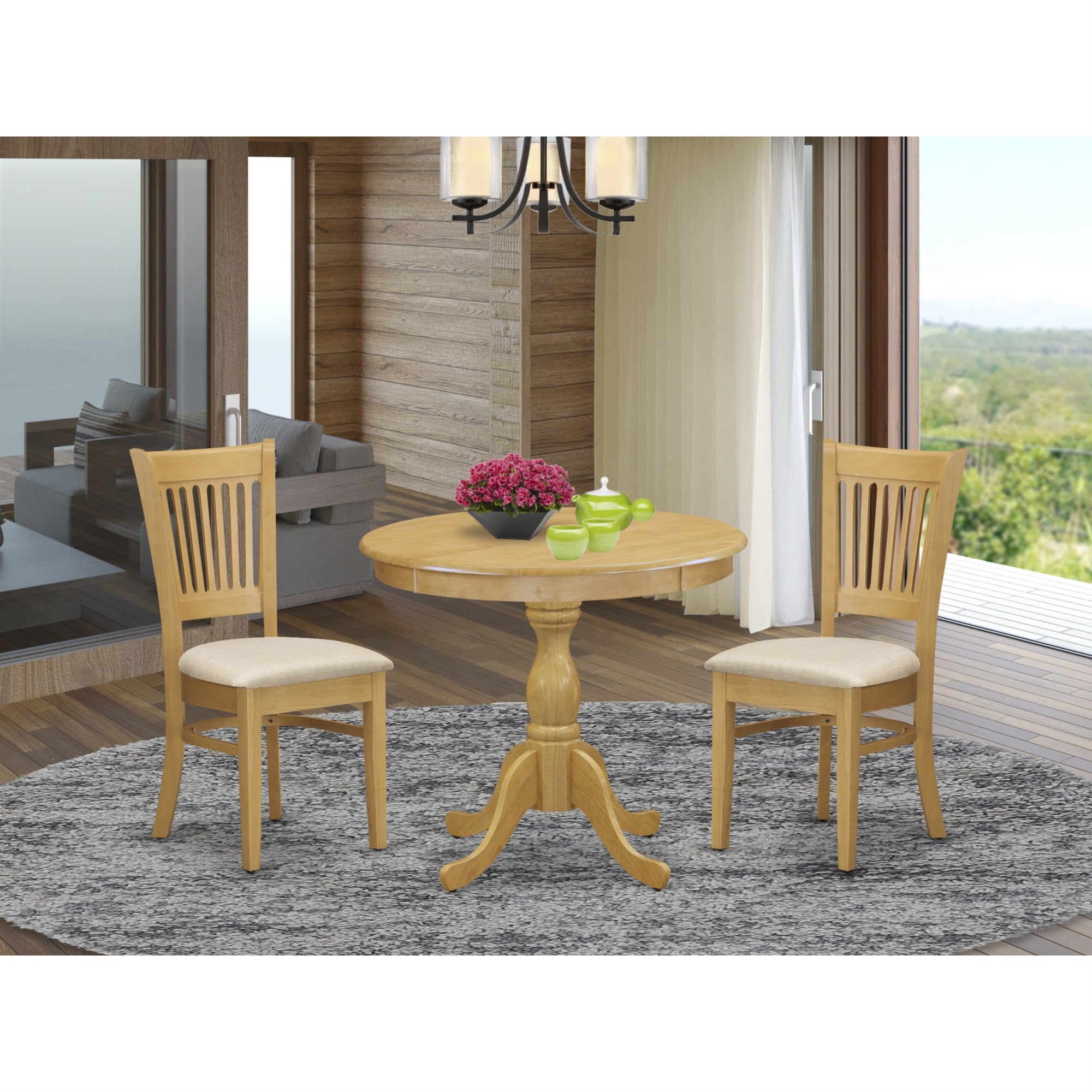East West Furniture Amva3-Oak-C 3 Piece Dining Table Set Contains 1 Round Pedestal Table And 2 Oak Linen Fabric Wooden Kitchen Chairs With Slatted Back - Oak Finish