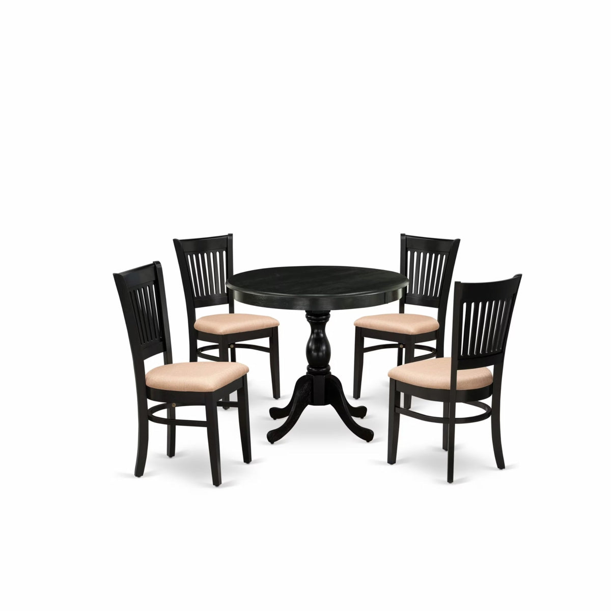 Casafoyer Amva5-Blk-C 5 Piece Dining Set Includes A Round Kitchen Table With Pedestal And 4 Linen Fabric Upholstered Dining Chairs, 36X36 Inch, Black
