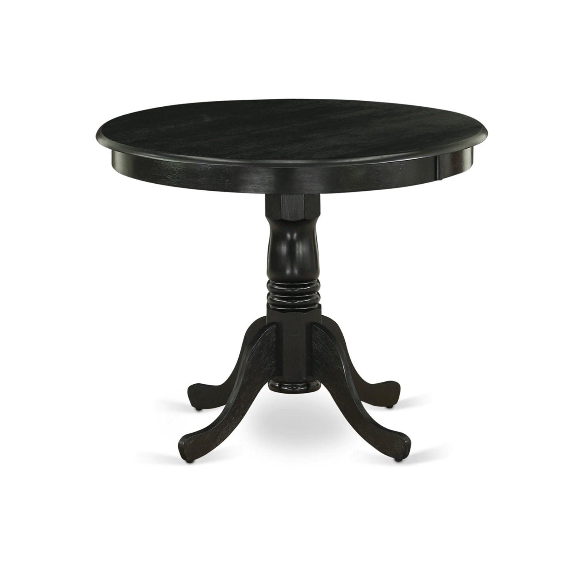 Ergode Amva5-Blk-C, 5-Pc Kitchen Table Set, Round Table With Pedestal, 4 Linen Fabric Dining Chairs, Asian Solid Wood Frame, Black Color, Easy Assembly, 36X36 Inch