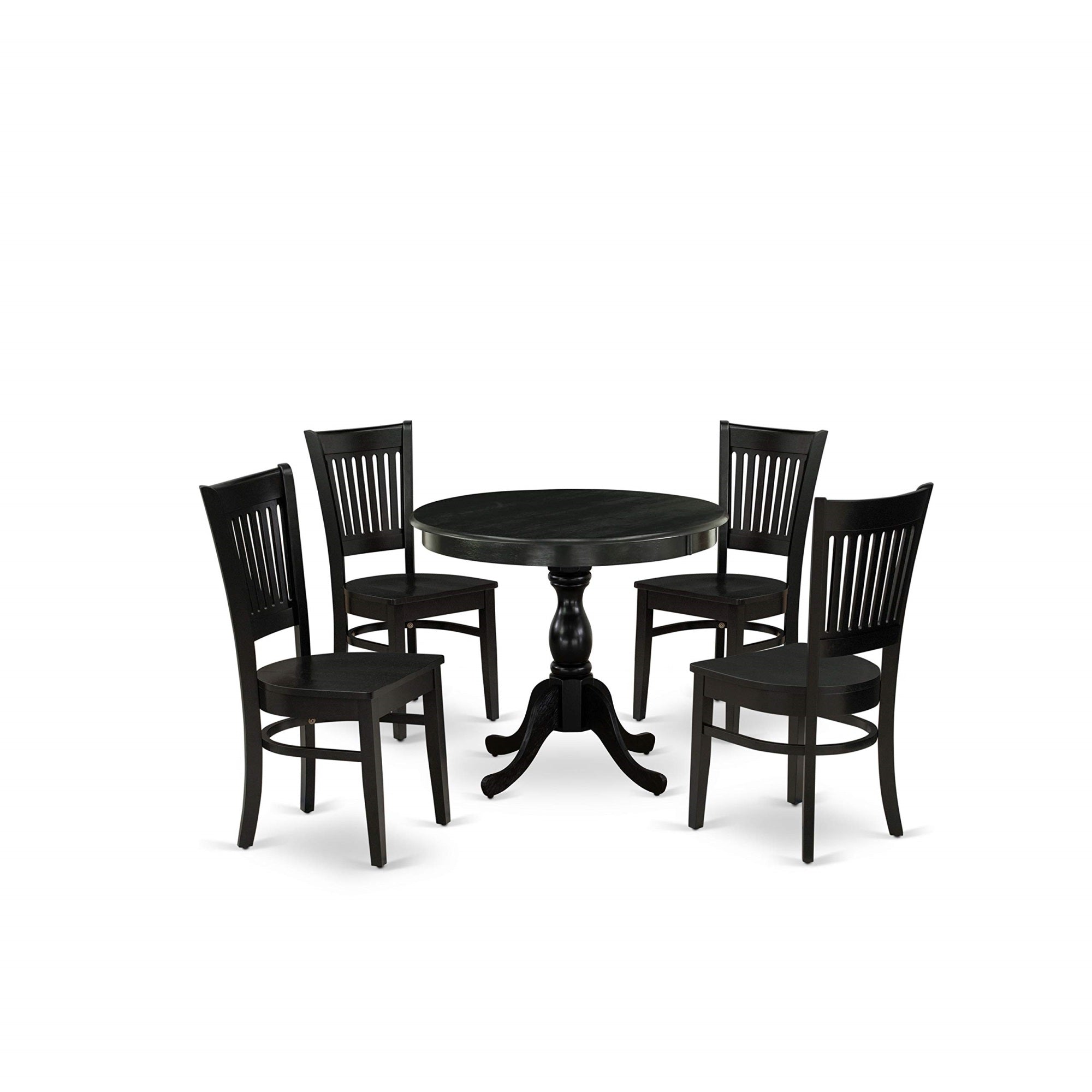 Ergode Amva5-Blk-W, 5-Pc Dining Room Table Set, Round Table With Pedestal, 4 Wooden Chairs, Contemporary & Stylish, Asian Solid Wood Frame, Black Color, High-Quality Craftsmanship, 36X36 Inch