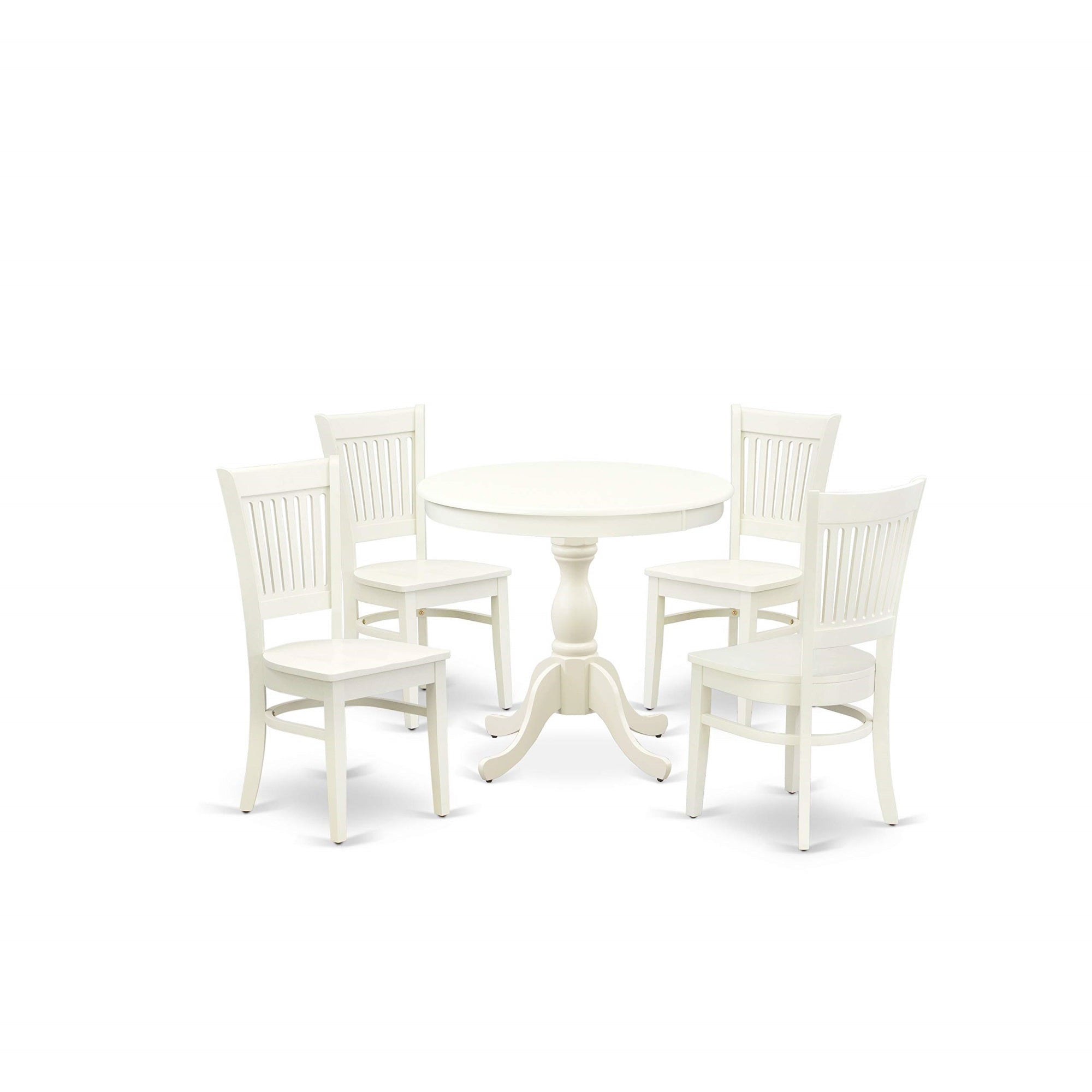 Ergode Amva5-Lwh-W 5-Piece Dinette Set, Round Table With Pedestal & 4 Chairs, Wooden Seat & Slatted Back, Linen White Color, Easy Assembly, Asian Solid Wood Frame, Ideal For Home Parties, 36X36 Inch