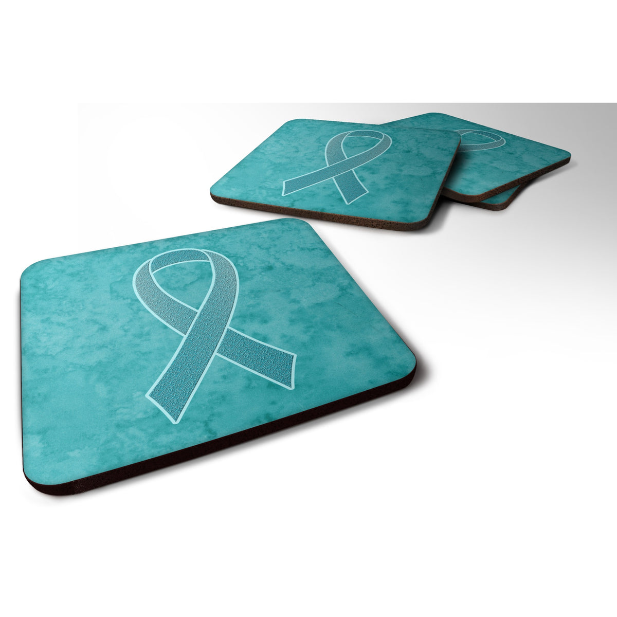 Caroline'S Treasures An1201Fc Teal Ribbon For Ovarian Cancer Awareness Foam Coaster (Set Of 4), 3.5 H X 3.5 W, Multico