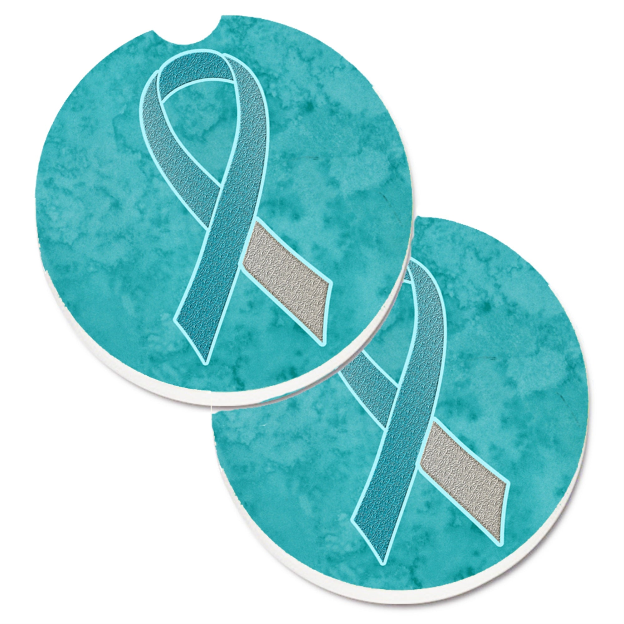 Caroline'S Treasures Teal & White Ribbon For Cervical Cancer Awareness Set Of 2 Cup Holder Car Coasters An1215Carc, 2.56, Mult