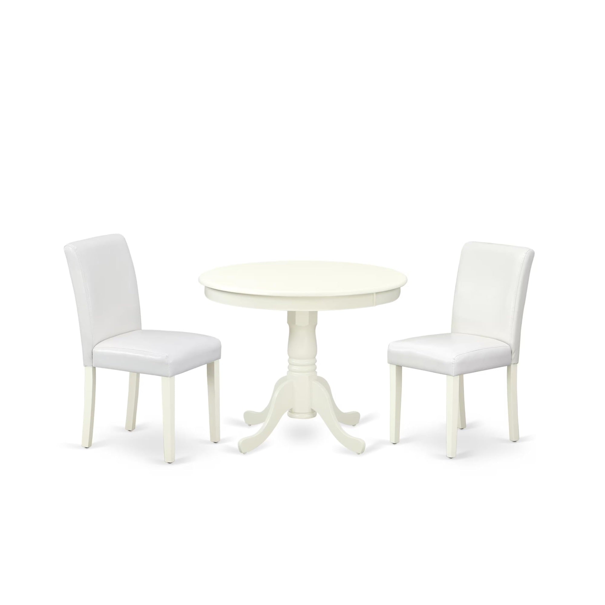 Casafoyer Anab3-Lwh-64 3 Piece Modern Dining Table Set Contains A Round Kitchen Table With Pedestal And 2 White Faux Leather Upholstered Chairs, 36X36 Inch, Linen White