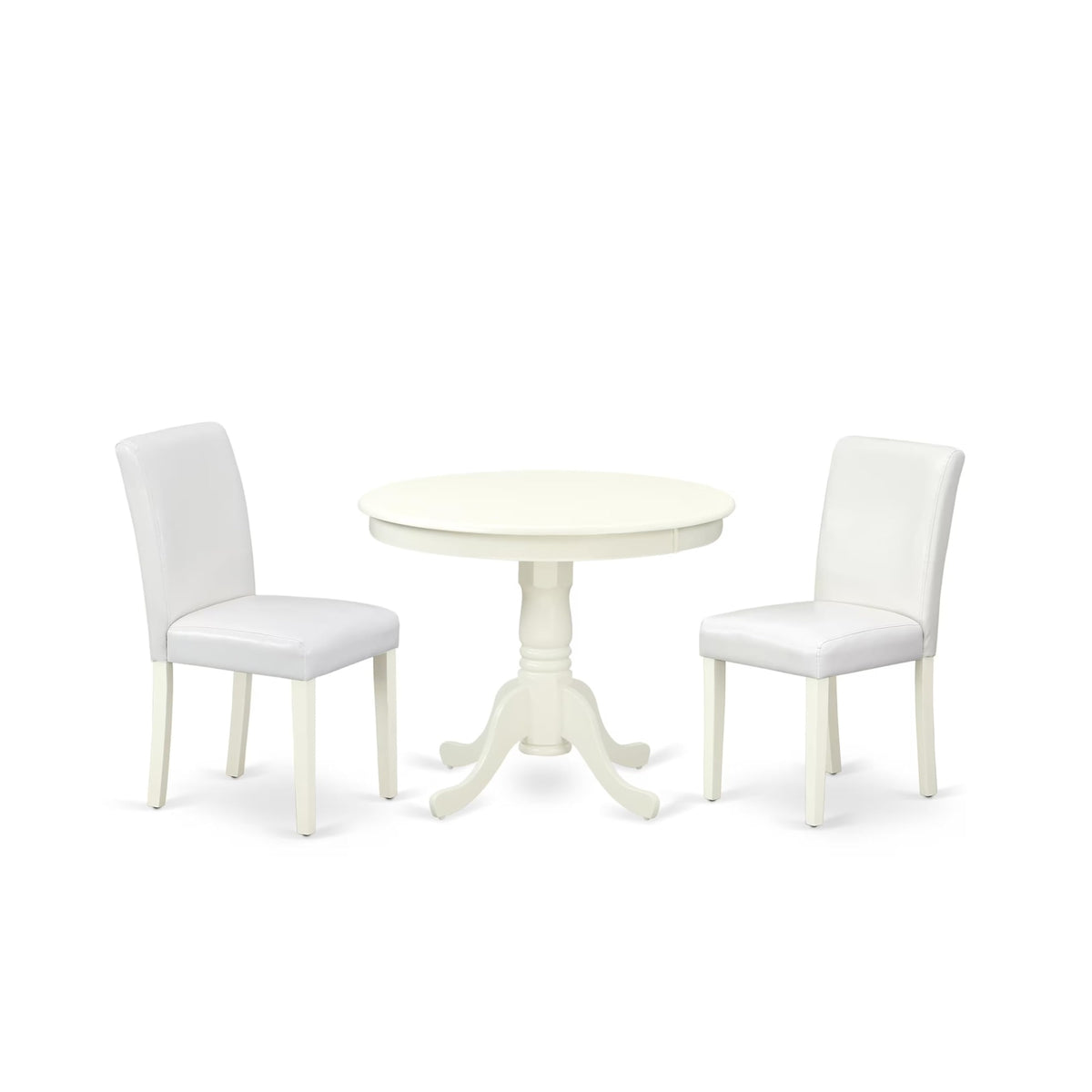 Casafoyer Anab3-Lwh-64 3 Piece Modern Dining Table Set Contains A Round Kitchen Table With Pedestal And 2 White Faux Leather Upholstered Chairs, 36X36 Inch, Linen White