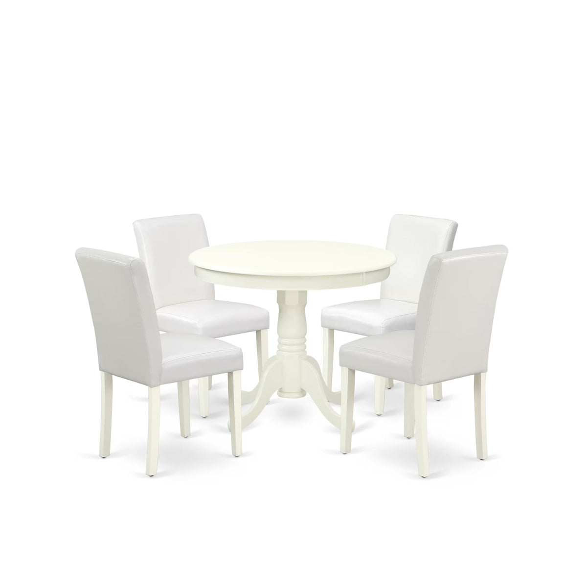 Casafoyer Anab5-Lwh-64 5 Piece Dining Room Table Set Includes A Round Kitchen Table With Pedestal And 4 White Faux Leather Upholstered Parson Chairs, 36X36 Inch, Linen White