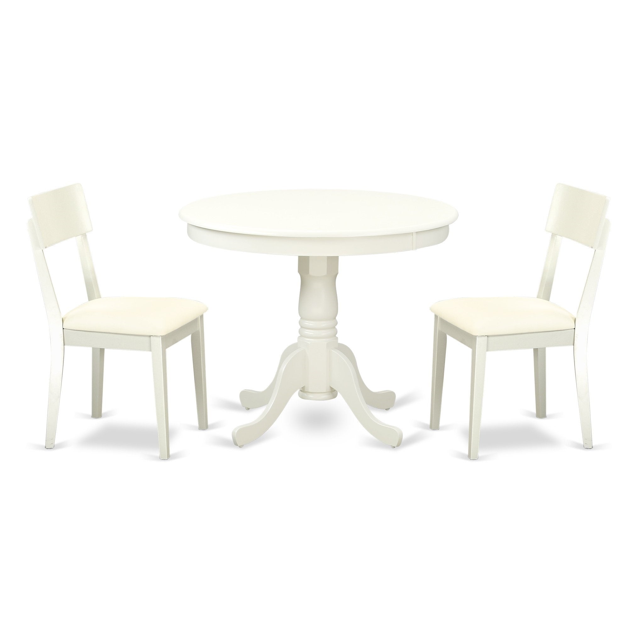 East West Furniture Anad3-Lwh-Lc 3 Piece Kitchen Set Contains A Round Room Table With Pedestal And 2 Faux Leather Upholstered Dining Chairs, 36X36 Inch, Linen White