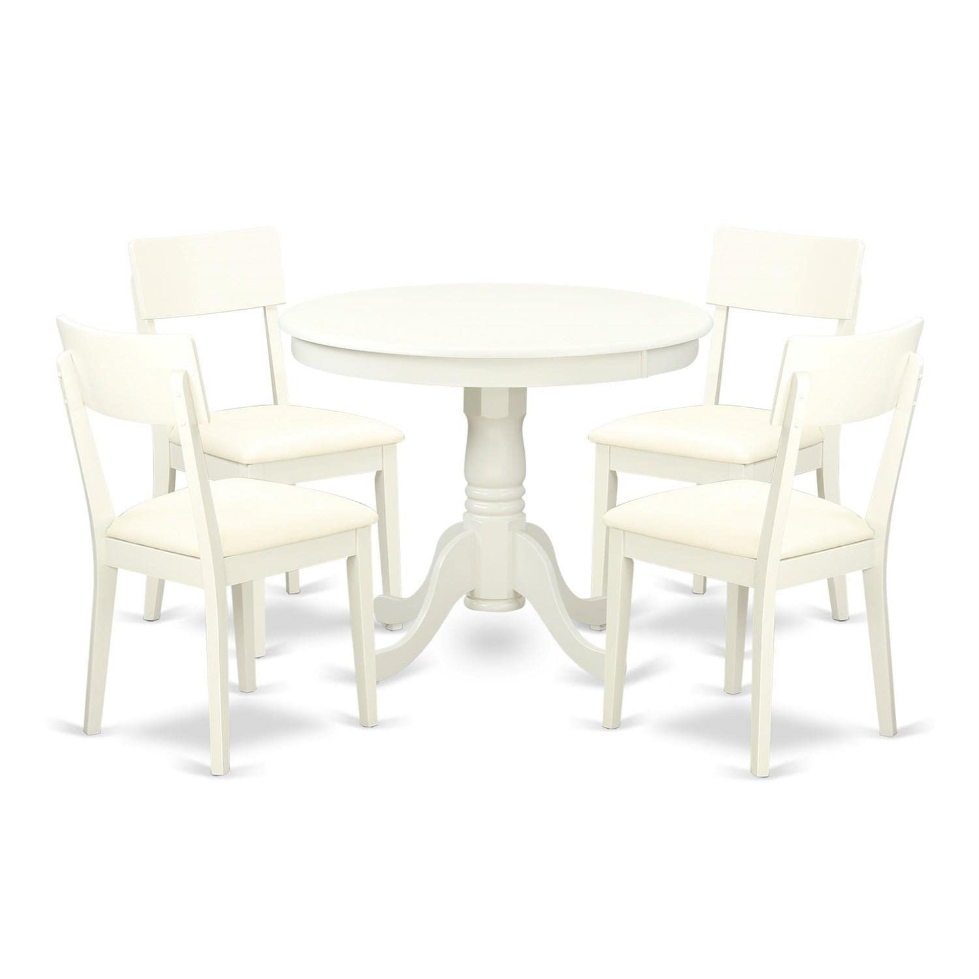 Casafoyer Anad5-Lwh-Lc 5 Piece Dining Set Includes A Round Kitchen Table With Pedestal And 4 Faux Leather Dining Room Chairs, 36X36 Inch, Linen White