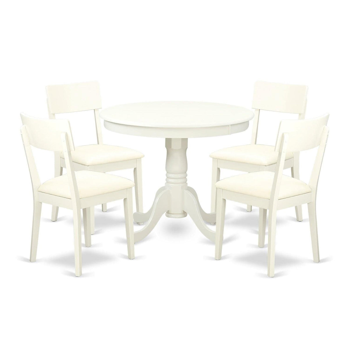 Casafoyer Anad5-Lwh-Lc 5 Piece Dining Set Includes A Round Kitchen Table With Pedestal And 4 Faux Leather Dining Room Chairs, 36X36 Inch, Linen White