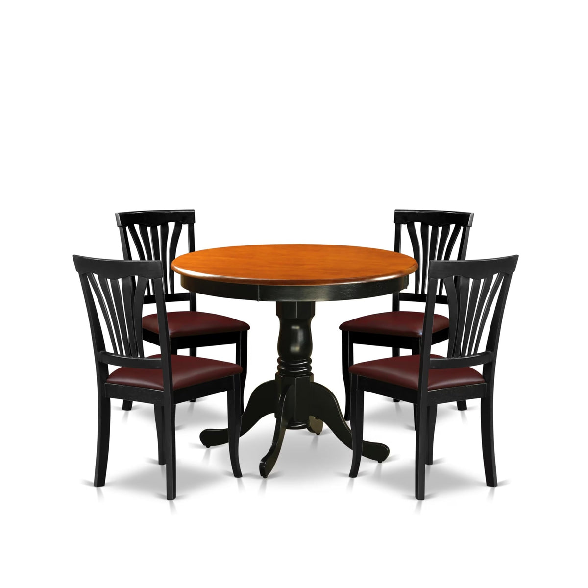 Casafoyer Anav5-Blk-Lc 5 Piece Dinette Set For 4 Includes A Round Kitchen Table With Pedestal And 4 Faux Leather Dining Room Chairs, 36X36 Inch, Black & Cherry