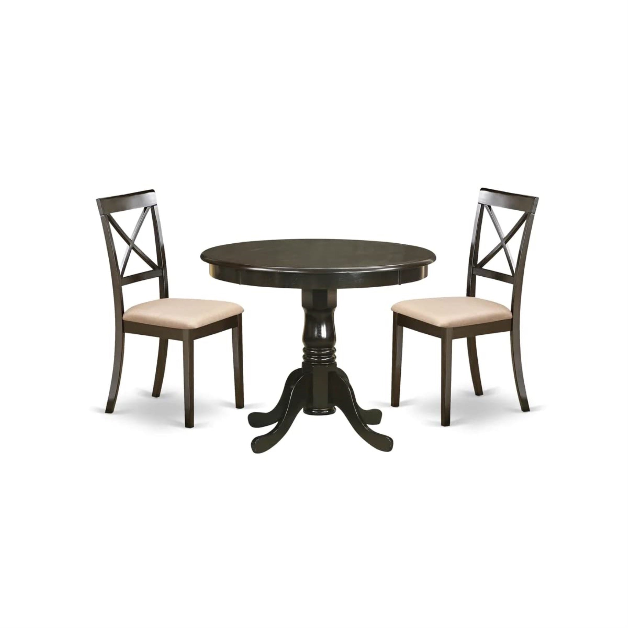 Casafoyer Anbo3-Cap-C 3 Piece Kitchen Table Set For Small Spaces Contains A Round Dining Table With Pedestal And 2 Linen Fabric Dining Room Chairs, 36X36 Inch, Cappuccino