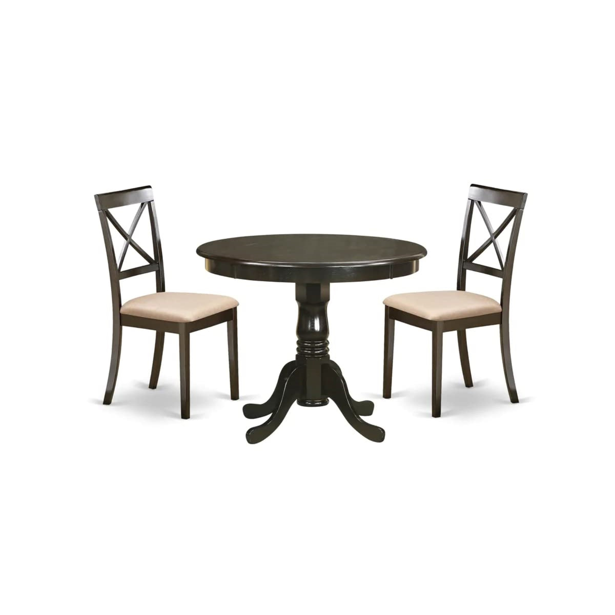 Casafoyer Anbo3-Cap-C 3 Piece Kitchen Table Set For Small Spaces Contains A Round Dining Table With Pedestal And 2 Linen Fabric Dining Room Chairs, 36X36 Inch, Cappuccino