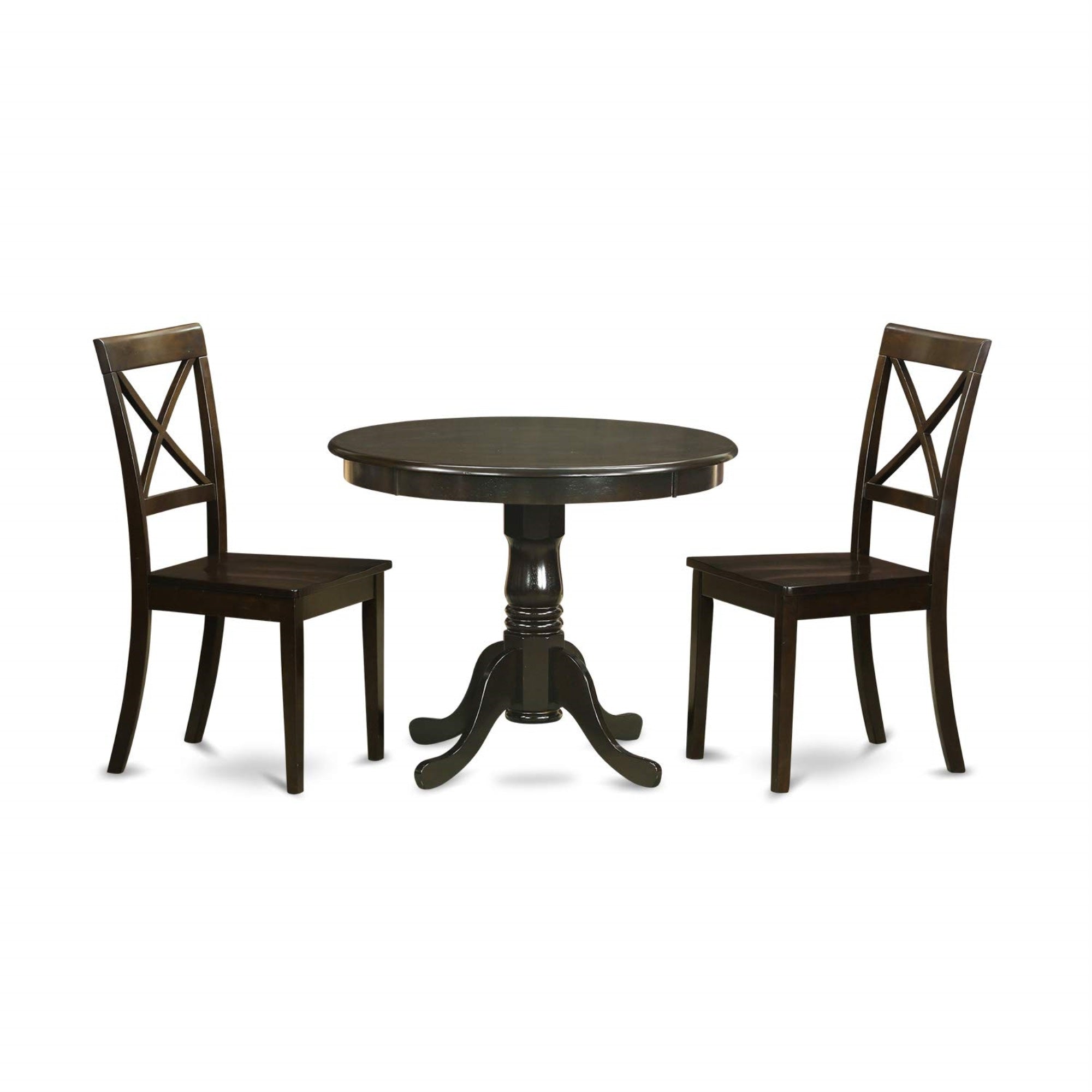 East West Furniture Anbo3-Cap-W 3 Piece Room Furniture Set Contains A Round Dining Table With Pedestal And 2 Wood Seat Chairs, 36X36 Inch