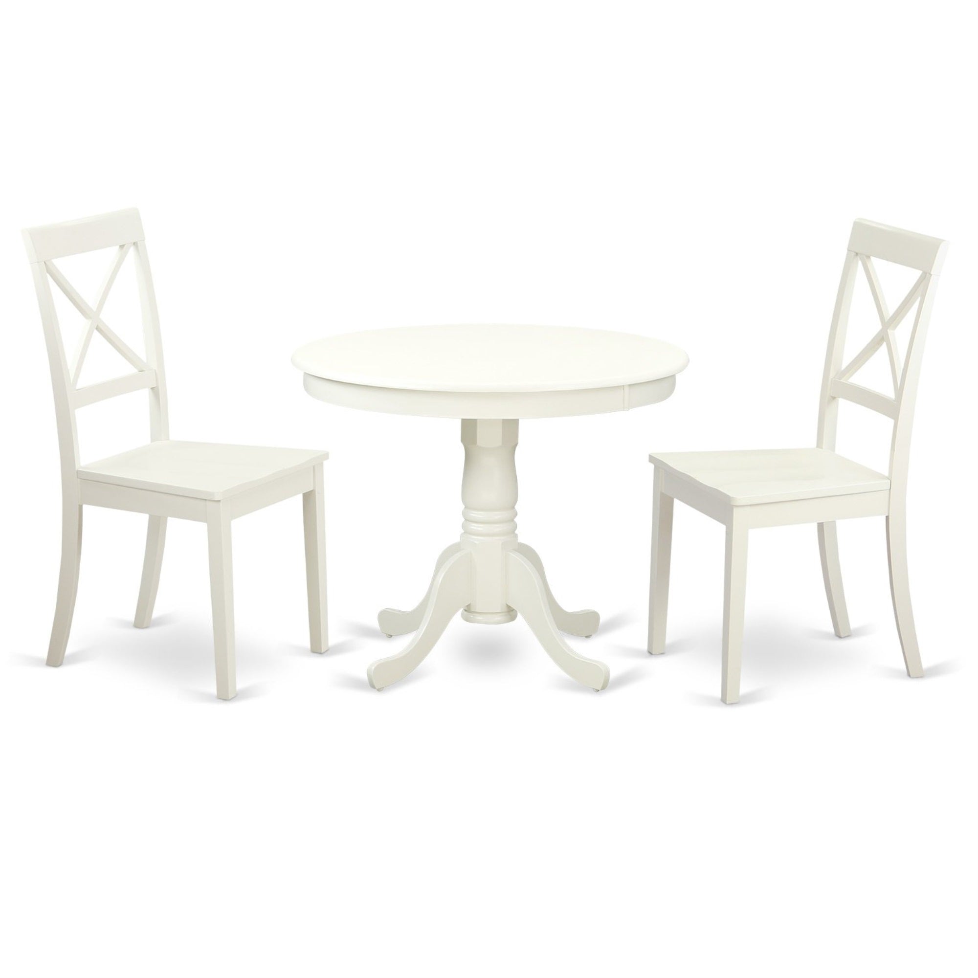 East West Furniture Anbo3-Lwh-W Antique 3 Piece Kitchen Set Contains A Round Dining Room Table With Pedestal And 2 Solid Wood Seat Chairs, 36X36 Inch