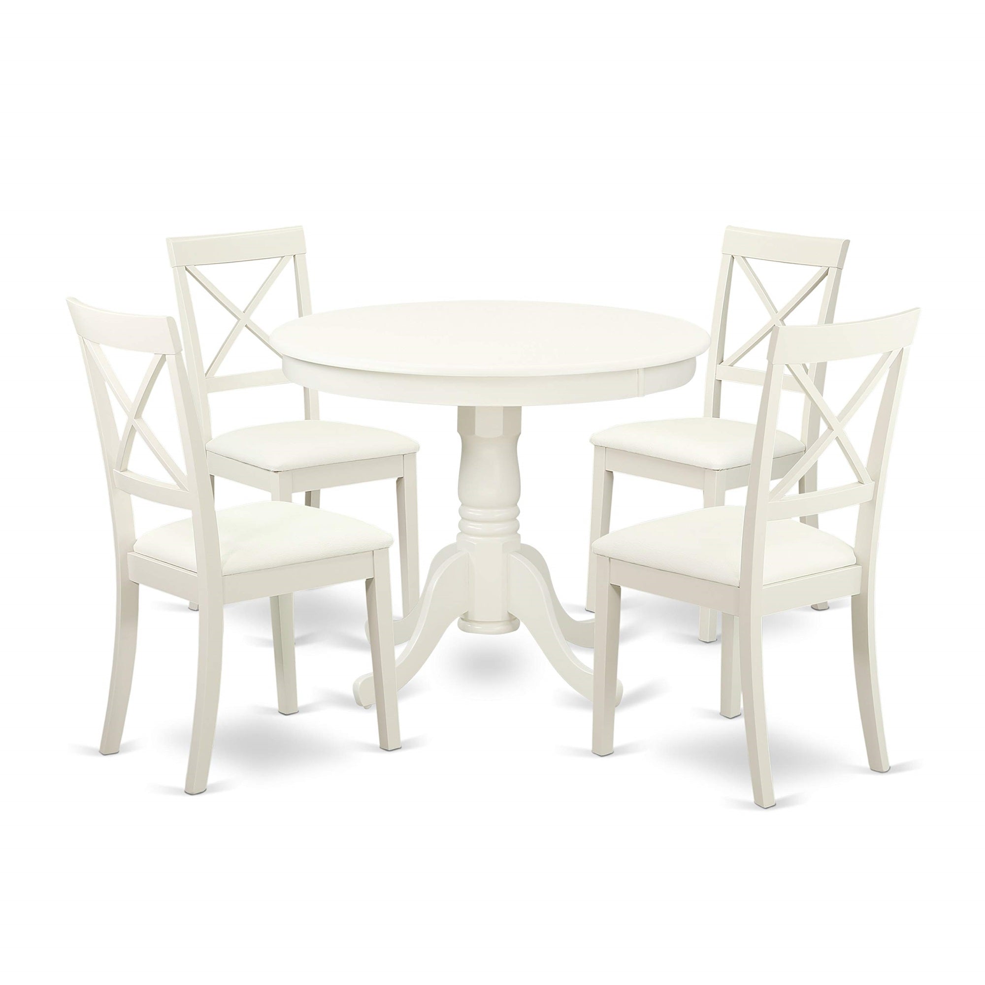 Ergode Anbo5-Lwh-Lc Wooden Dining Set, 5-Piece Transitional Design, High-Quality Asian Wood, Sturdy Structure, Modern Hardwood, Faux Leather Seats, Easy Assembly, Adjustable Placement, Linen White Color, 4 Chairs & 1 Dining Table