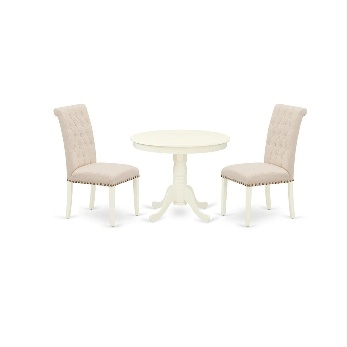 Casafoyer Anbr3-Lwh-02 Antique 3 Piece Set Contains A Round Dining Room Table With Pedestal And 2 Light Beige Linen Fabric Upholstered Chairs, 36X36 Inch