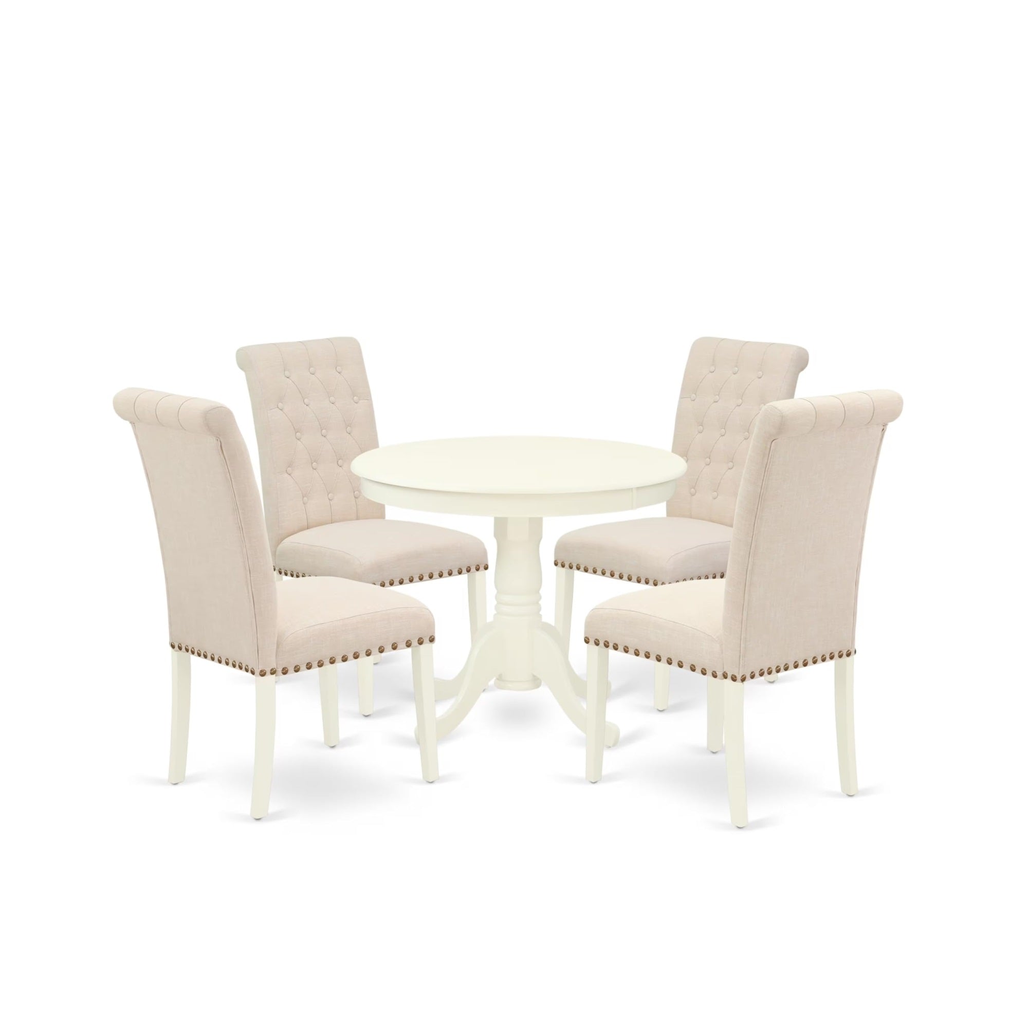 Casafoyer Anbr5-Lwh-02 5 Piece Dining Room Table Set Includes A Round Kitchen Table With Pedestal And 4 Light Beige Linen Fabric Parsons Dining Chairs, 36X36 Inch, Linen White