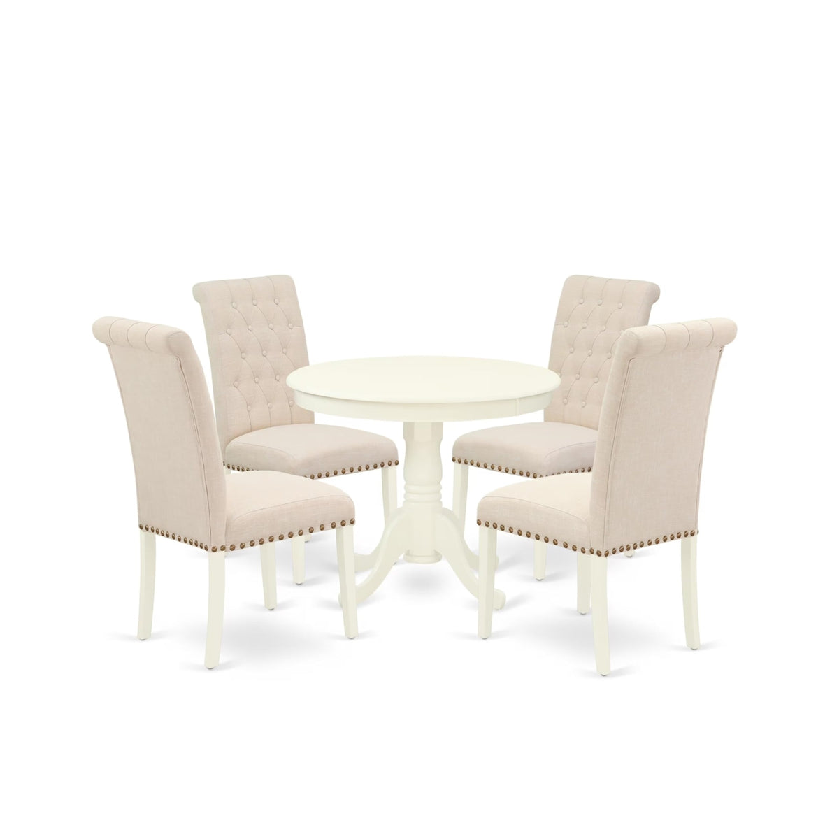 Casafoyer Anbr5-Lwh-02 5 Piece Dining Room Table Set Includes A Round Kitchen Table With Pedestal And 4 Light Beige Linen Fabric Parsons Dining Chairs, 36X36 Inch, Linen White