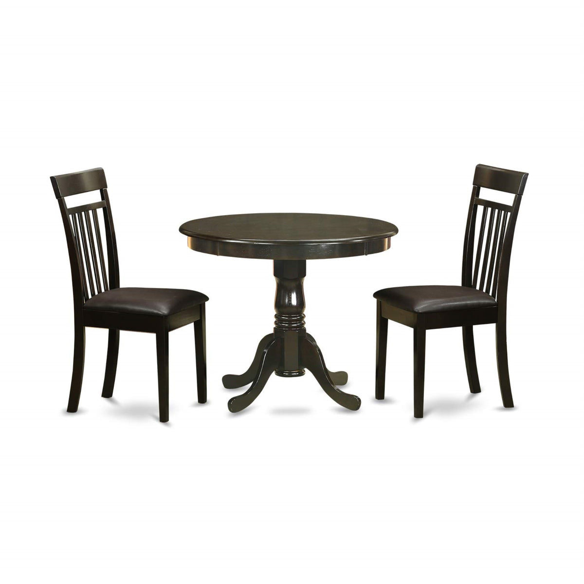 Casafoyer Anca3-Cap-Lc 3 Piece Dining Room Table Set Contains A Round Wooden Table With Pedestal And 2 Faux Leather Kitchen Dining Chairs, 36X36 Inch, Cappuccino